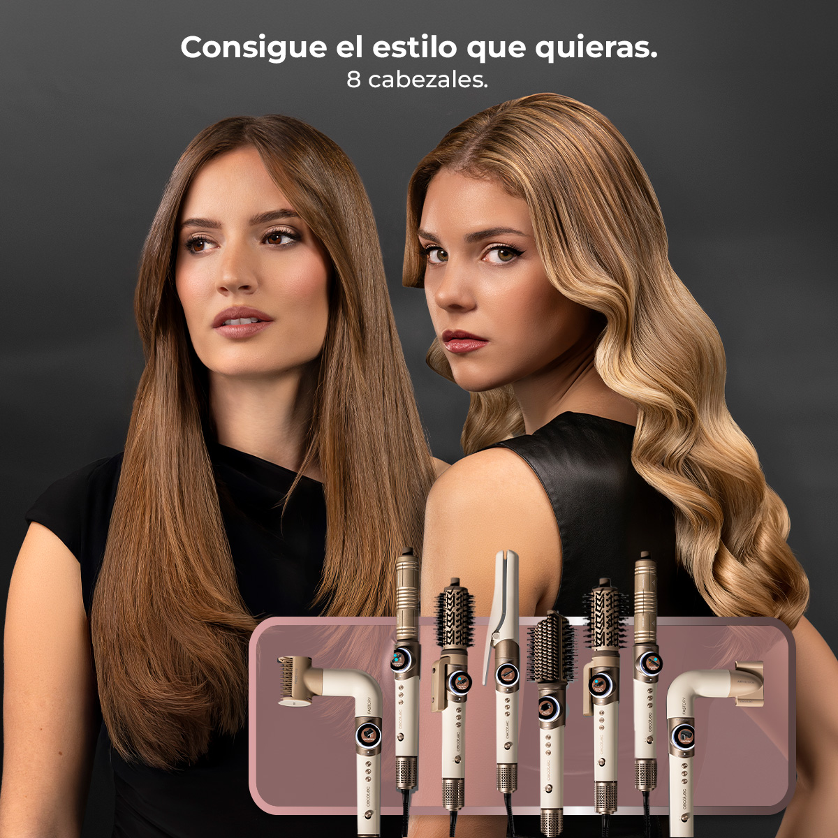 Dos mujeres con diferentes peinados y herramientas de peinado en primer plano.