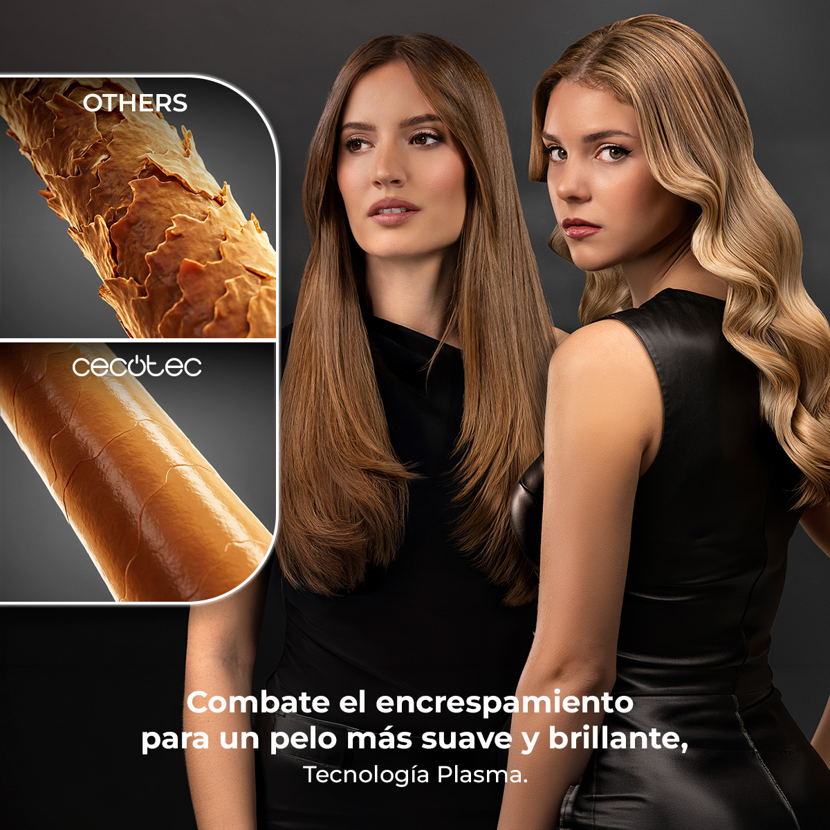 Dos mujeres con cabello brillante; Primeros planos de mechones de cabello sano y dañado.