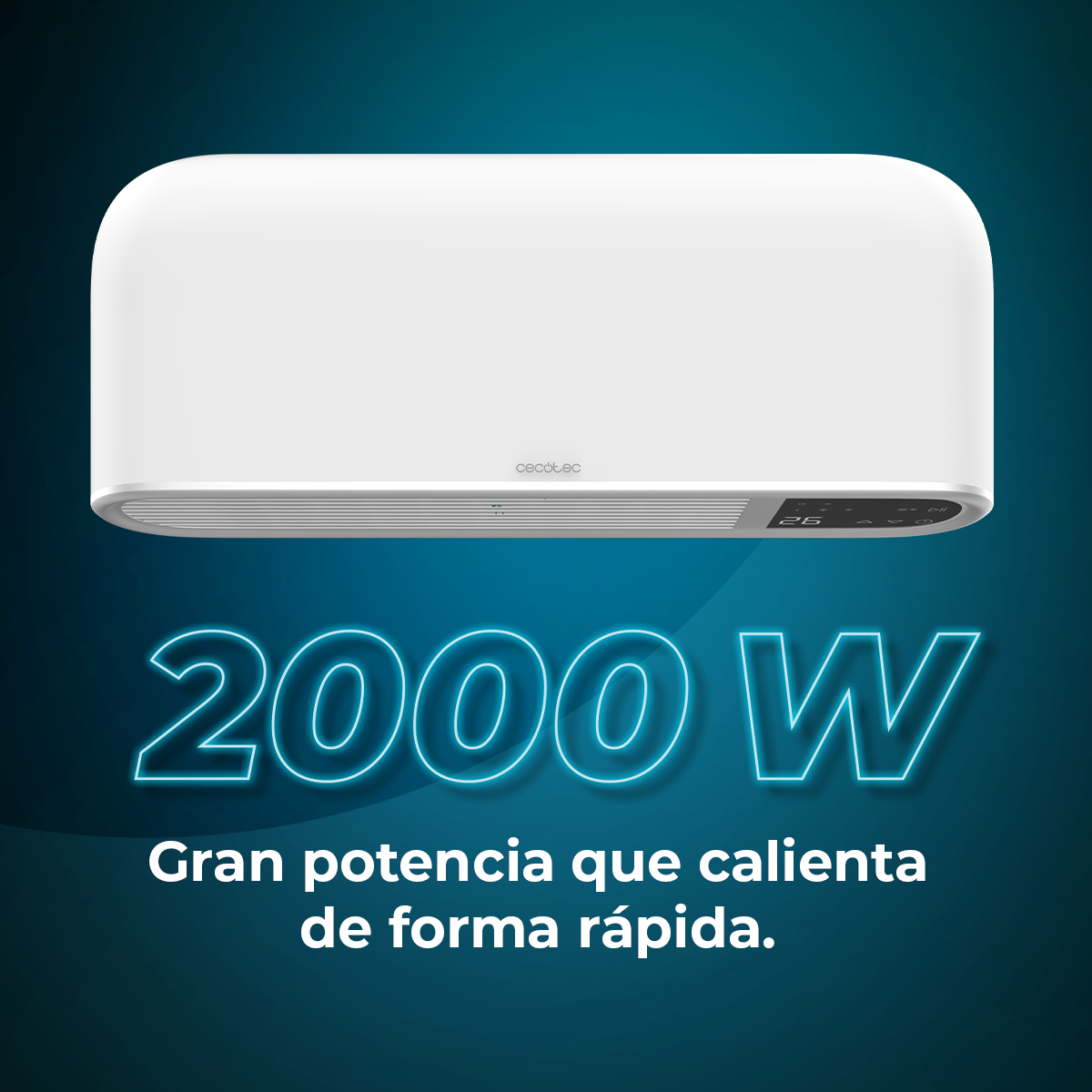 Un calentador blanco de 2000W se muestra sobre un fondo azul.