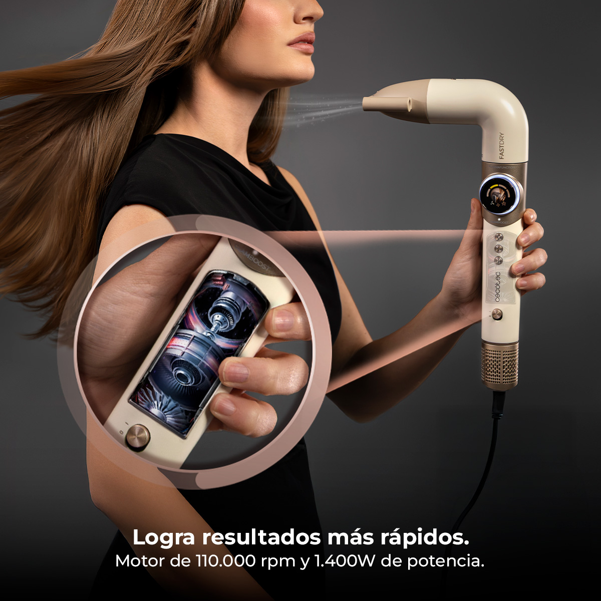Mujer con secador, primer plano del motor. Secado rápido.