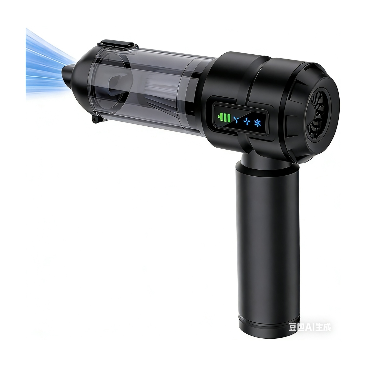 Aspirapolvere portatile senza fili nero con flusso d'aria blu e display LCD.
