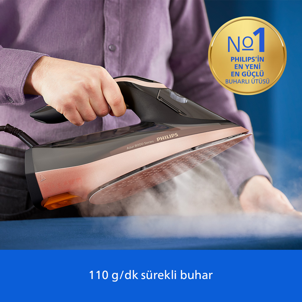 Bir el, buhar yayan Philips ütü tutuyor. "1" numaralı mühür görünüyor.