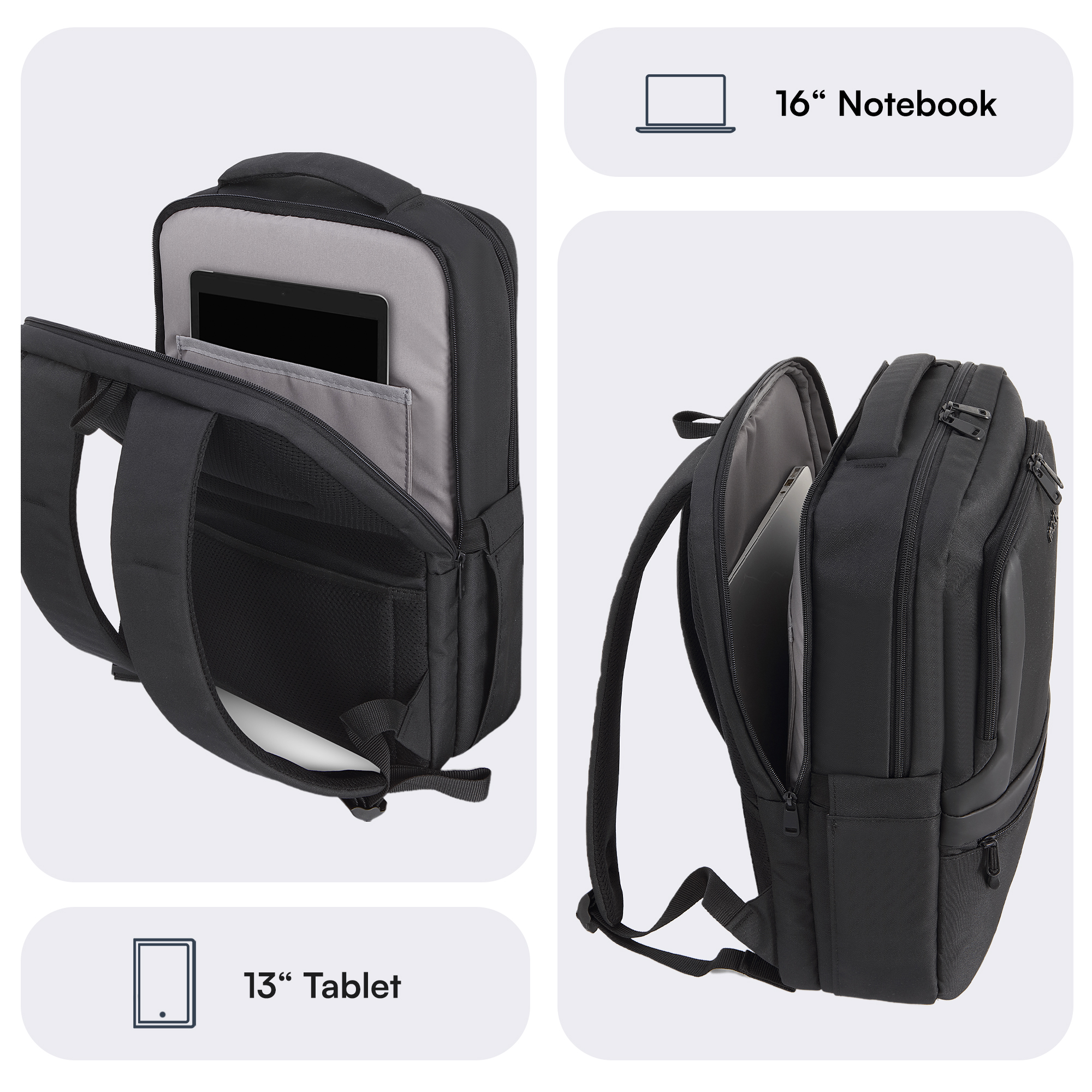 Laptop ve tablet bölmelerini gösteren siyah sırt çantası.