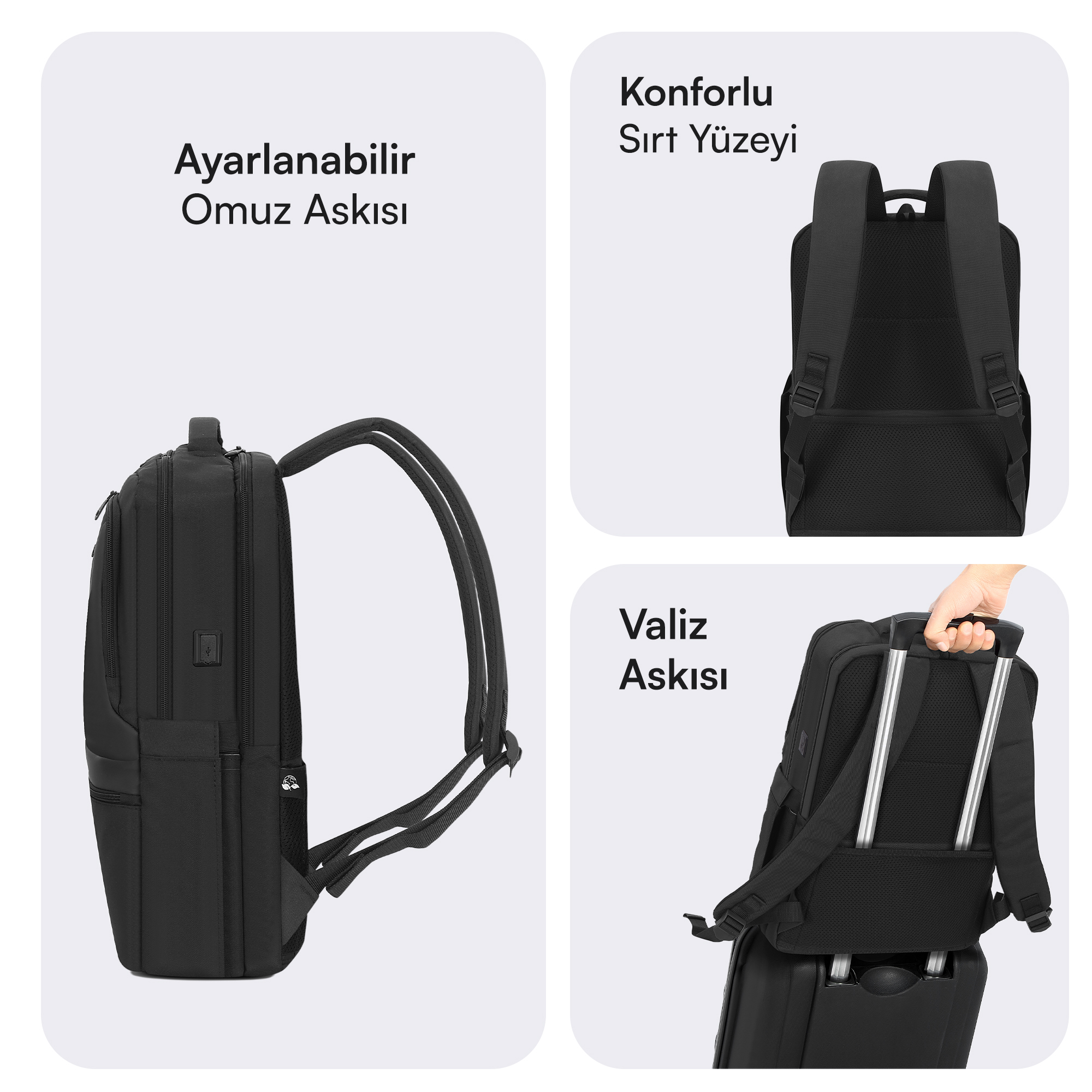 Ayarlanabilir askılı, file sırtlı ve valiz geçirme bantlı siyah sırt çantası.