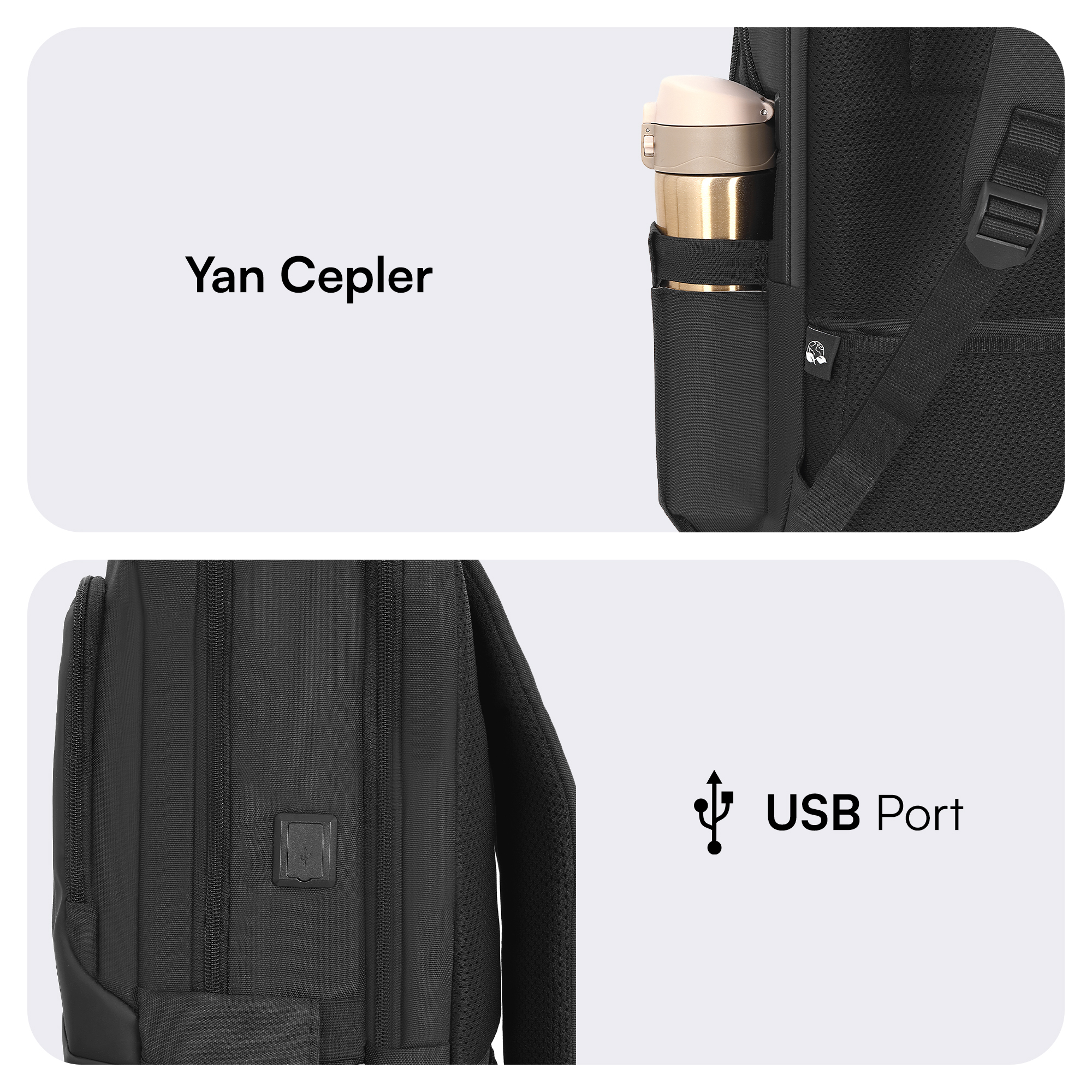 Altın rengi şişe için yan cebi ve USB bağlantı noktası olan siyah sırt çantası.
