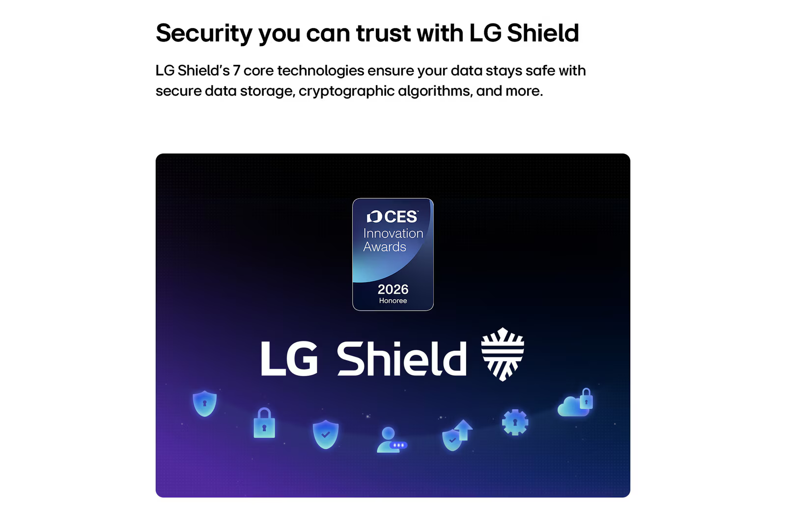 LG Shield logó CES 2026 Innovációs Díjjal és biztonsági ikonokkal.
