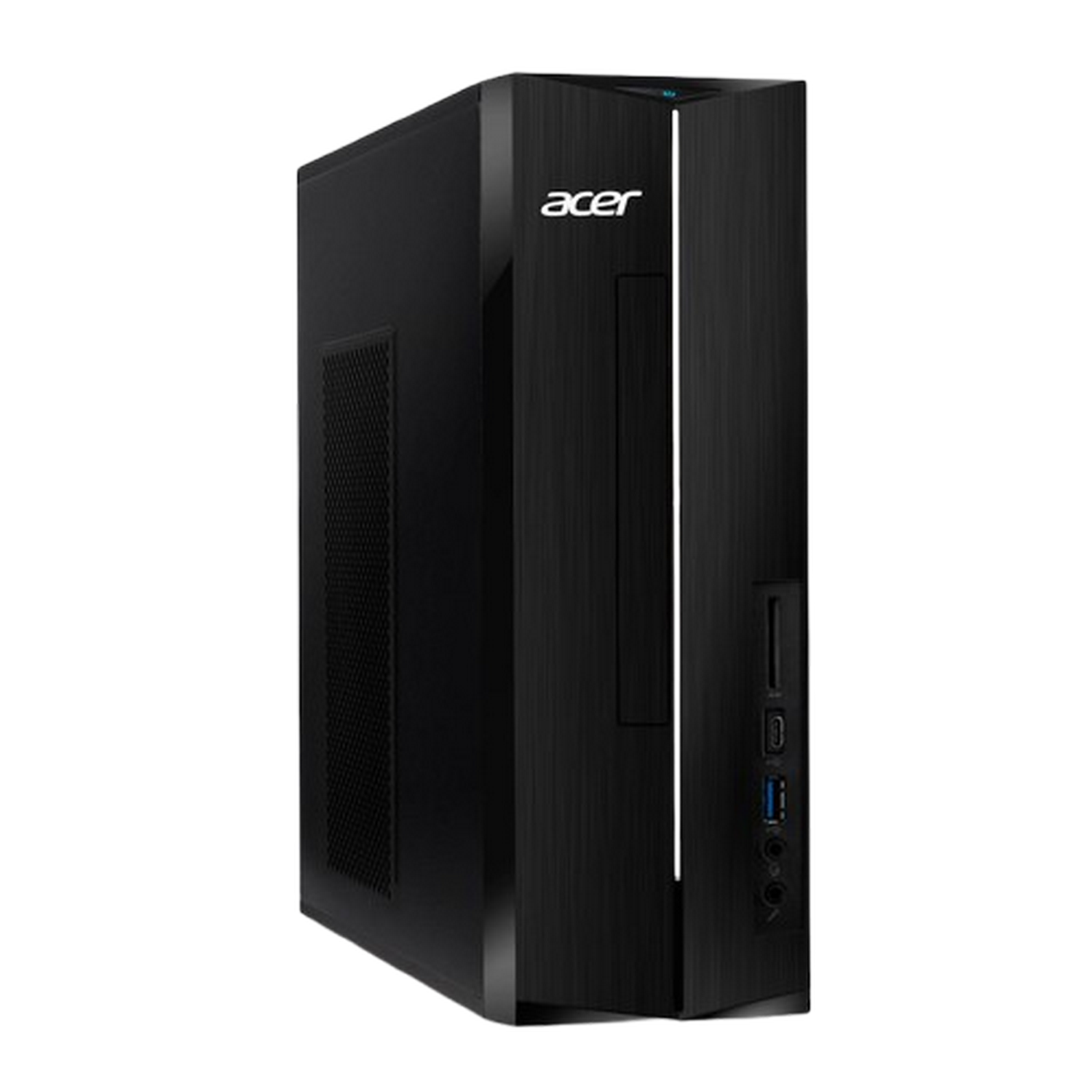 Un ordenador de sobremesa Acer negro y delgado con panel lateral ventilado.