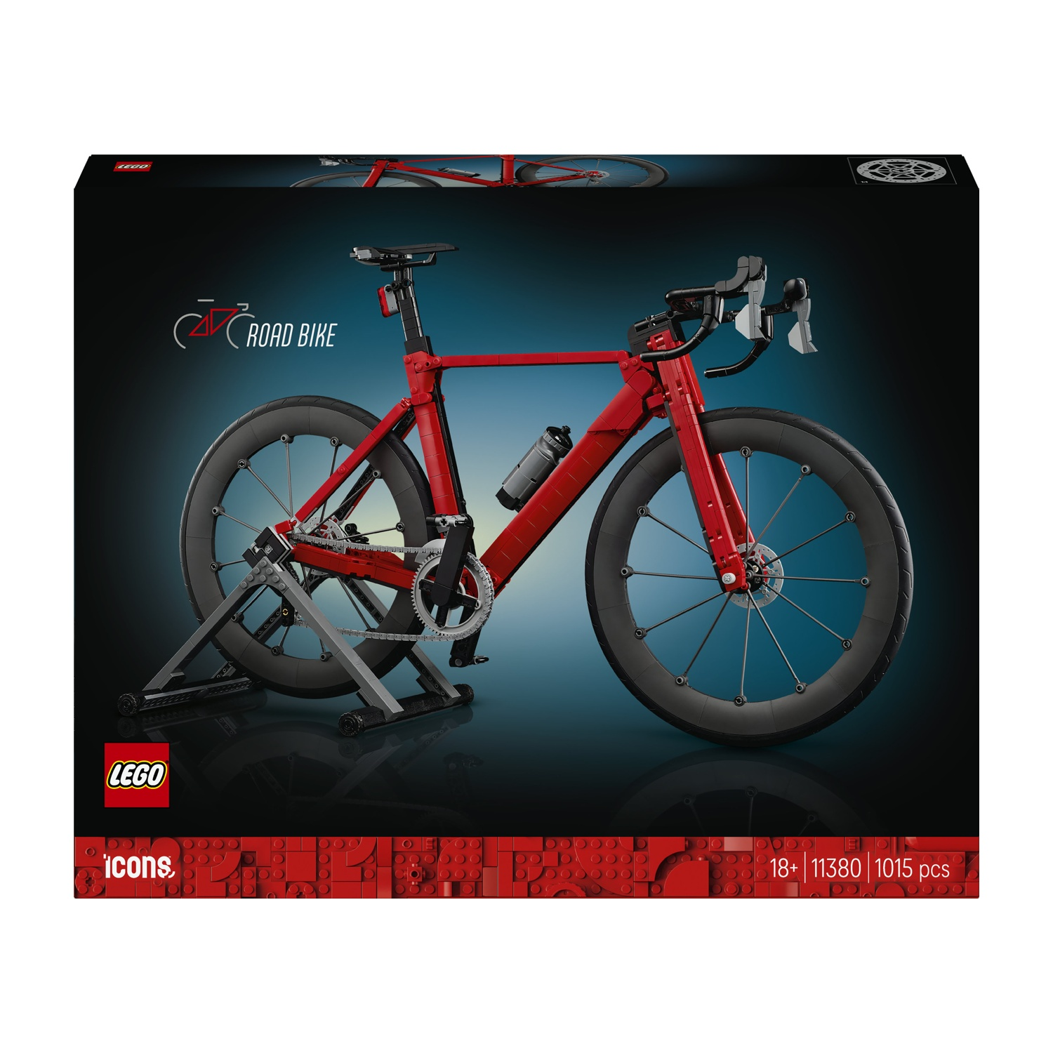 Modello di bicicletta da strada LEGO rossa su supporto, con portaborraccia e catena dettagliata.