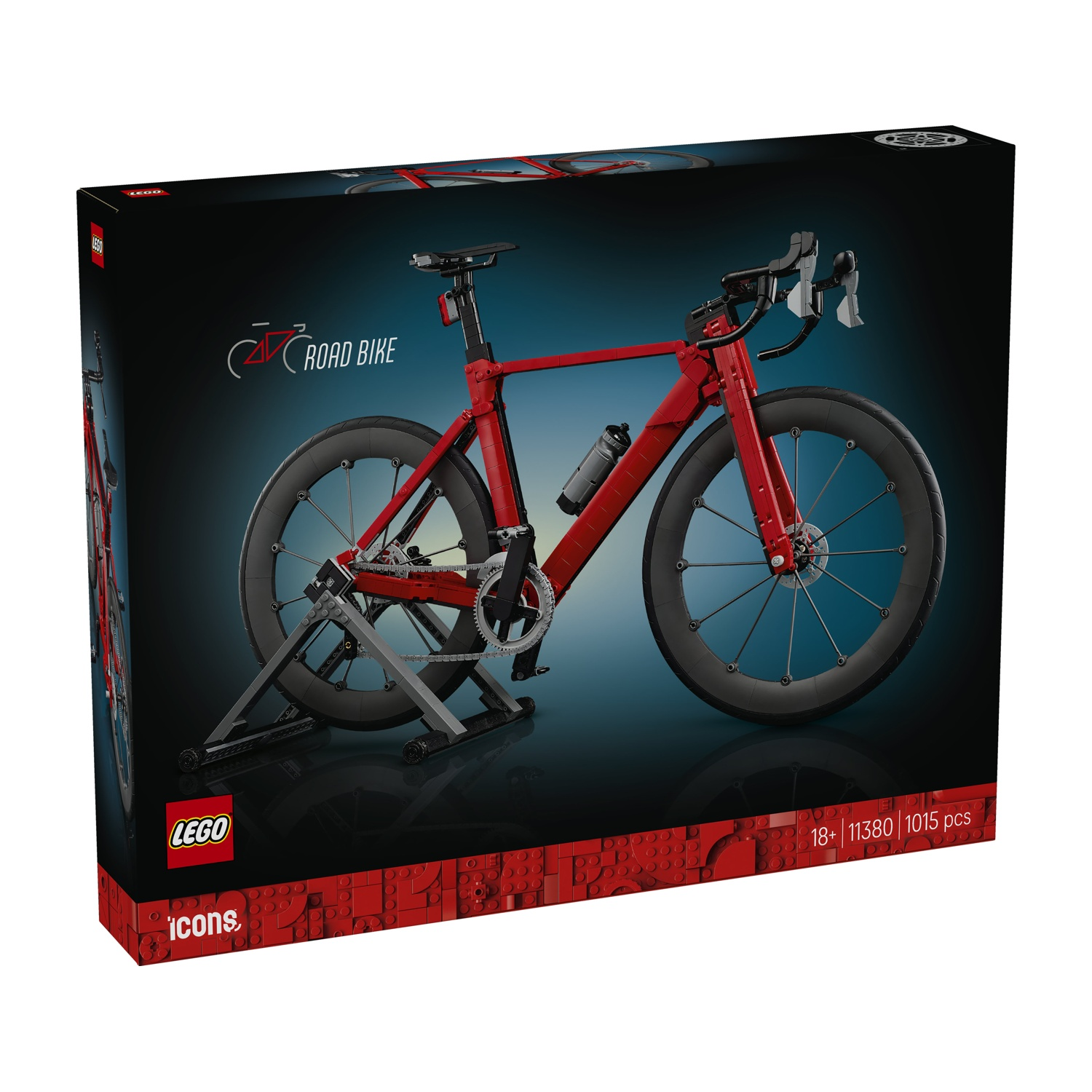 Scatola di un set di costruzione Lego per bici da corsa rossa su un supporto.