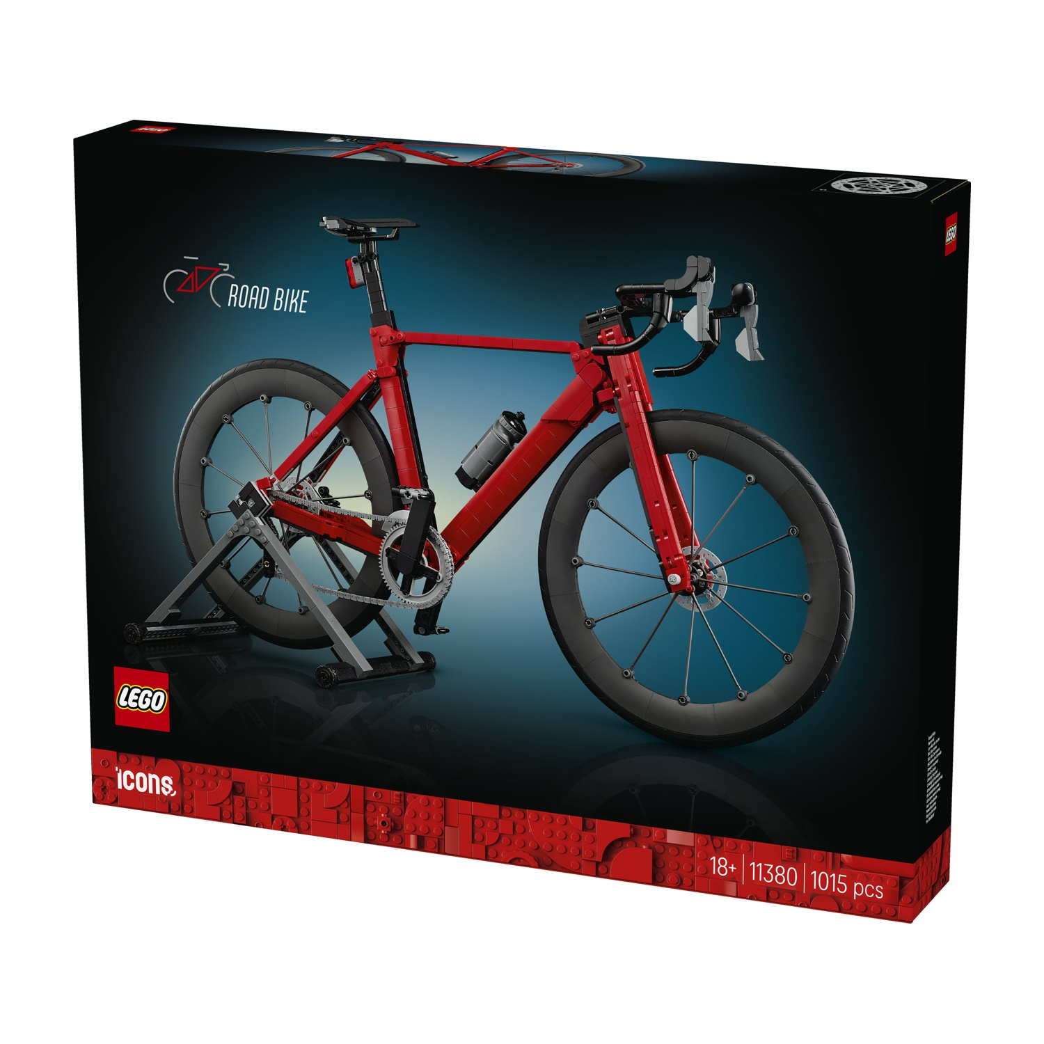 Scatola di un modello di bici da corsa LEGO rossa con ruote, manubrio e marchio.