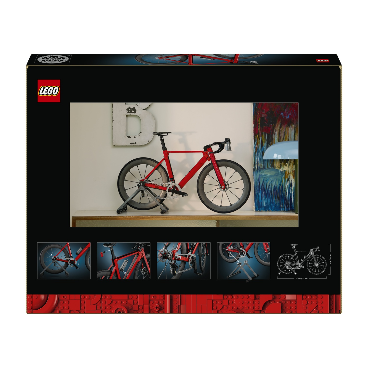 Modello di bicicletta rossa LEGO in mostra con immagini di dettagli e dimensioni.