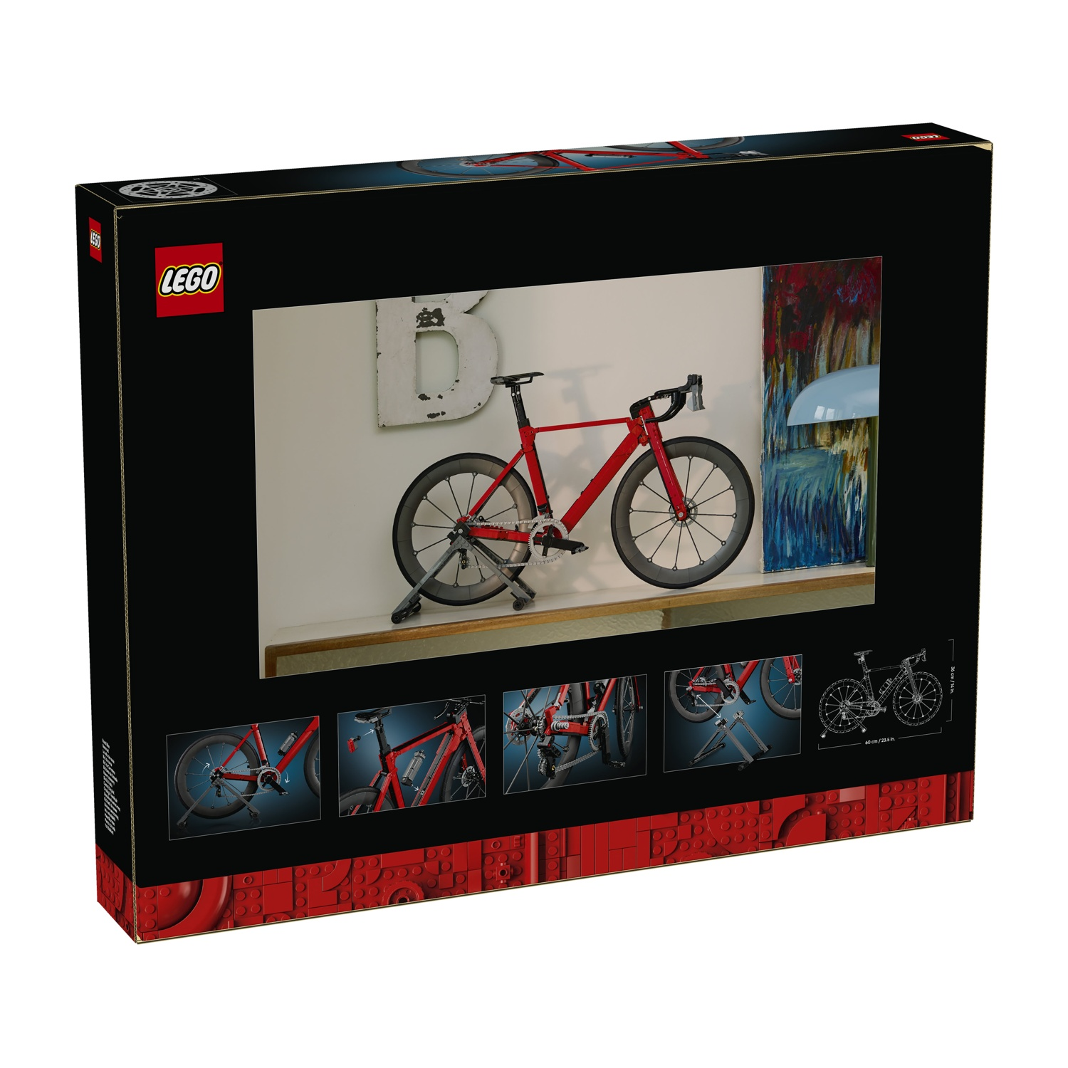 Scatola di un modello di bicicletta da corsa Lego rossa con dettagli e dimensioni.