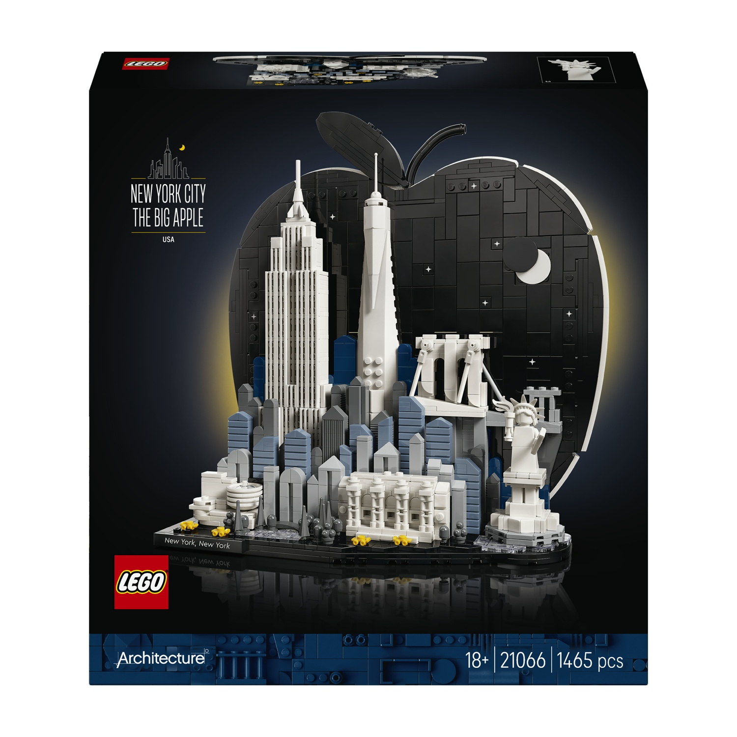 Modello skyline LEGO Architecture New York con edifici iconici e Statua della Libertà.