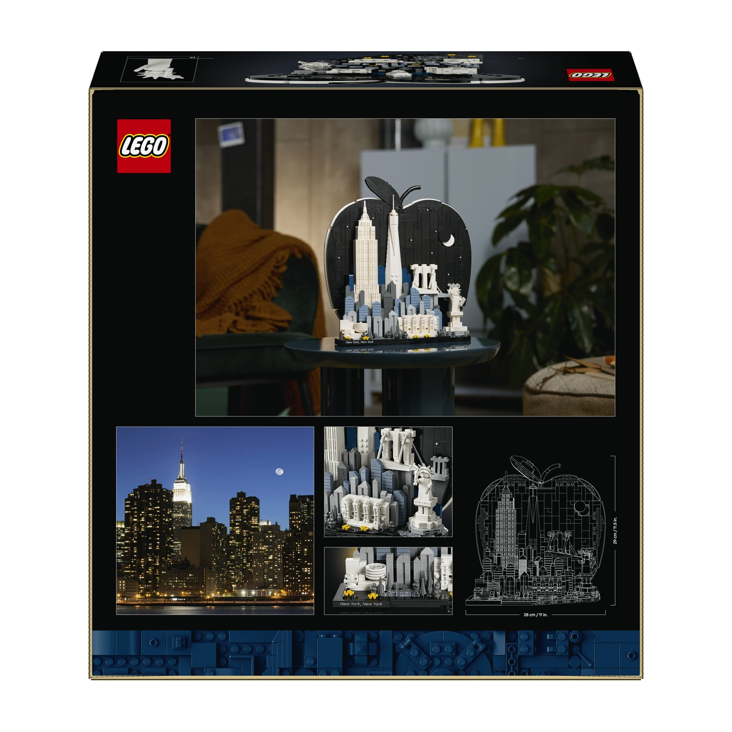 Skyline LEGO di New York a forma di mela, con grattacieli e Statua della Libertà.