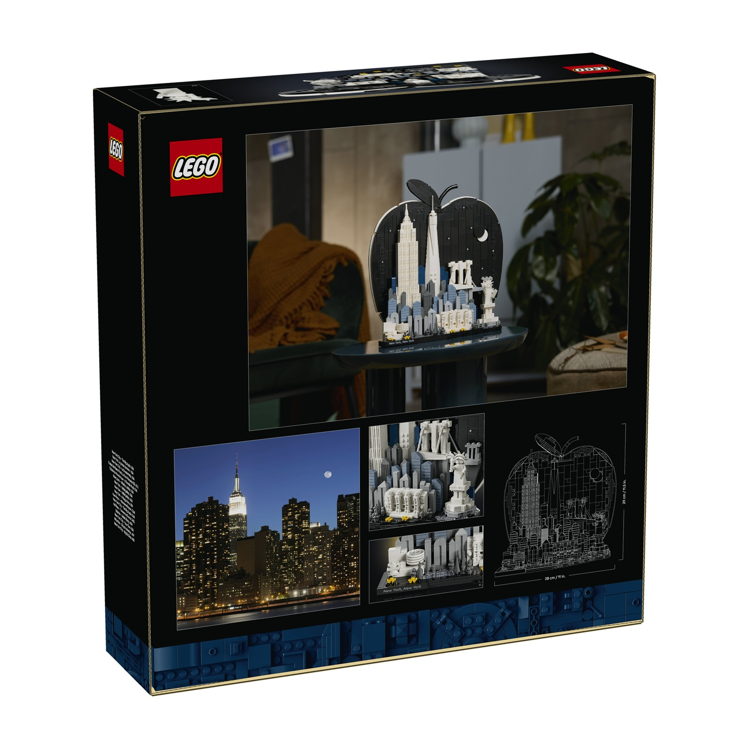 Scatola LEGO che mostra lo skyline di New York a forma di mela, con viste notturne e schemi.