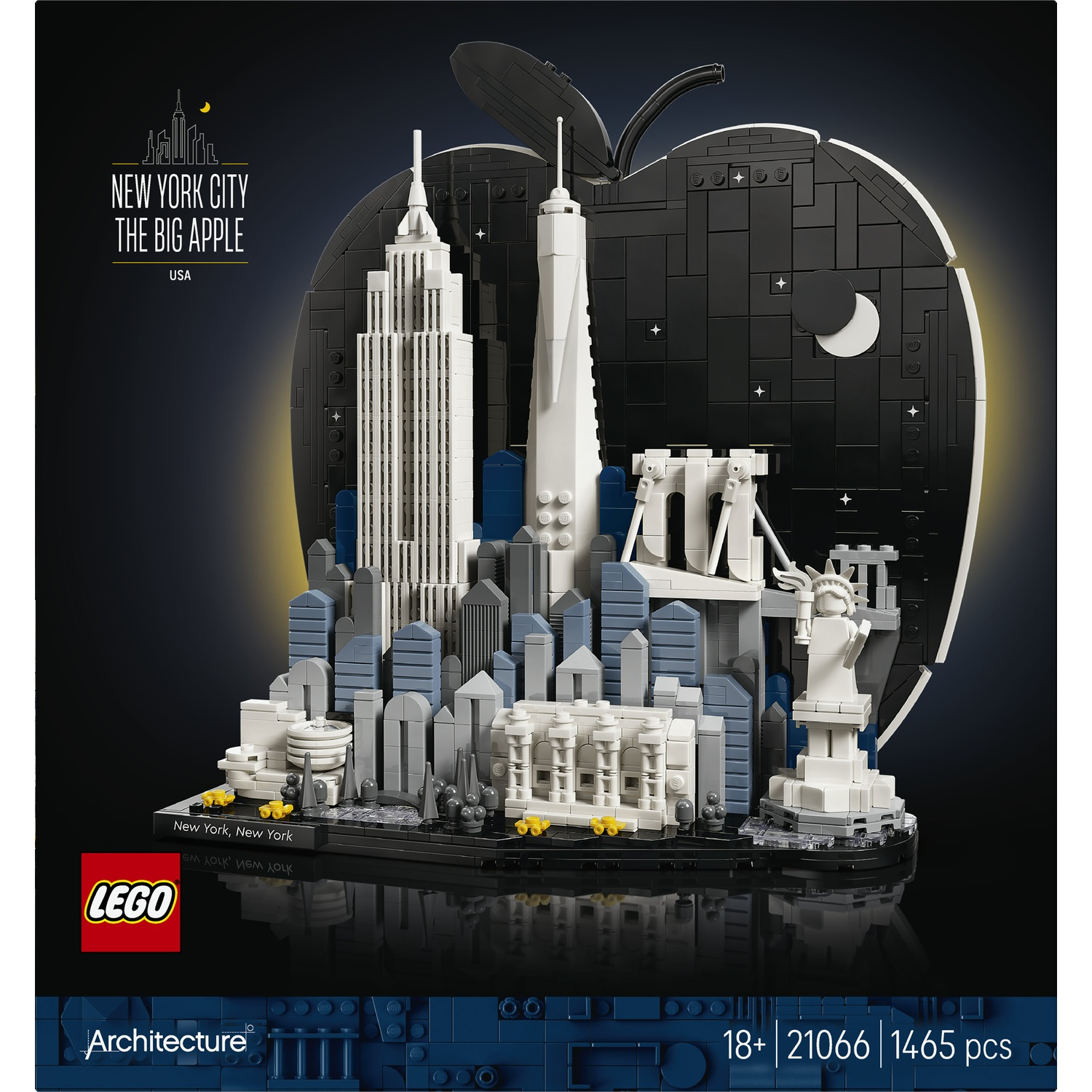 Un modello LEGO di New York City, con grattacieli e la Statua della Libertà.