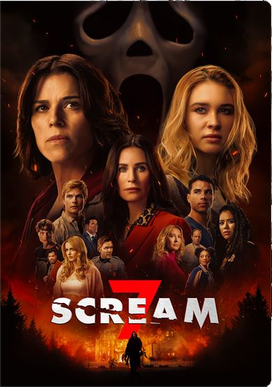 Masque Ghostface, groupe de personnes et logo "SCREAM 7" au-dessus d'une maison en feu.