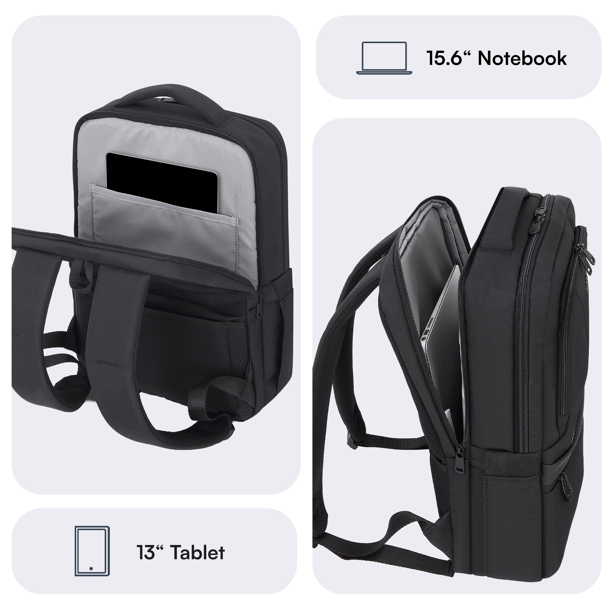 Açık bölmeli siyah sırt çantası, dizüstü bilgisayar ve tablet görünüyor.