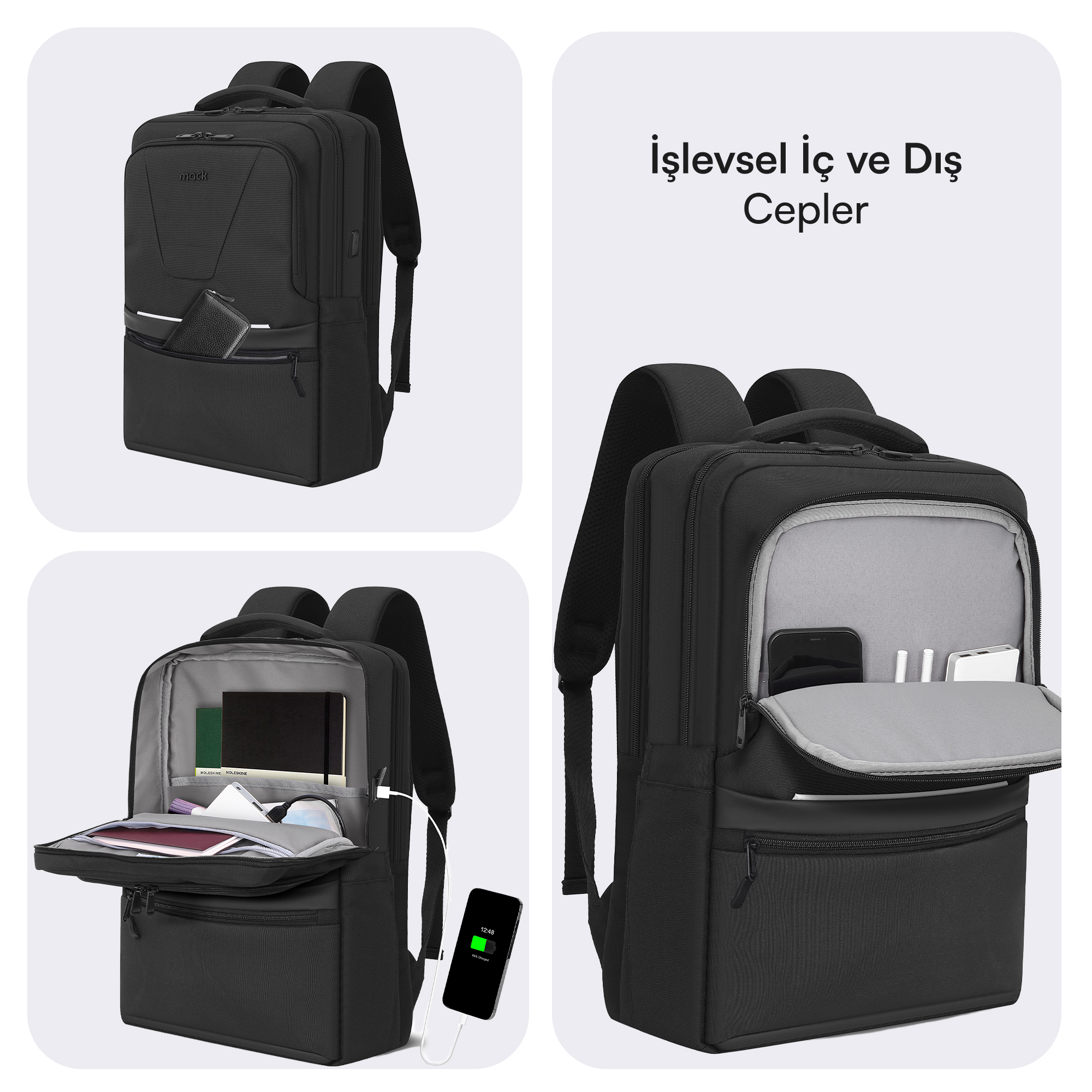 Çok bölmeli siyah sırt çantası, açık gösterilmiş, telefon, defter, powerbank mevcut.