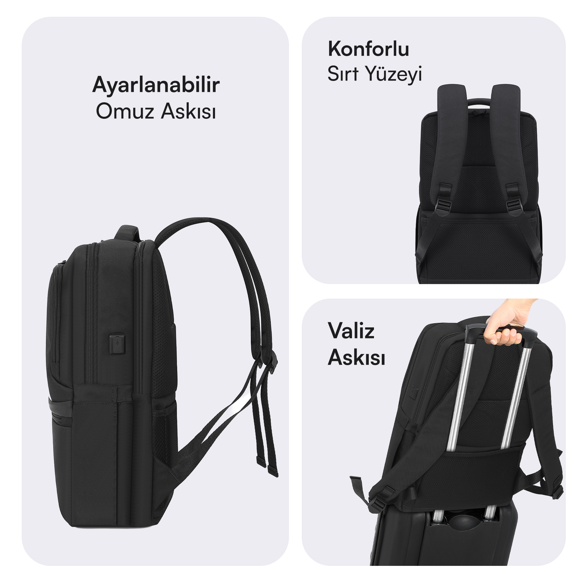Ayarlanabilir askılı, dolgulu sırtlı ve valiz askılı siyah sırt çantası.