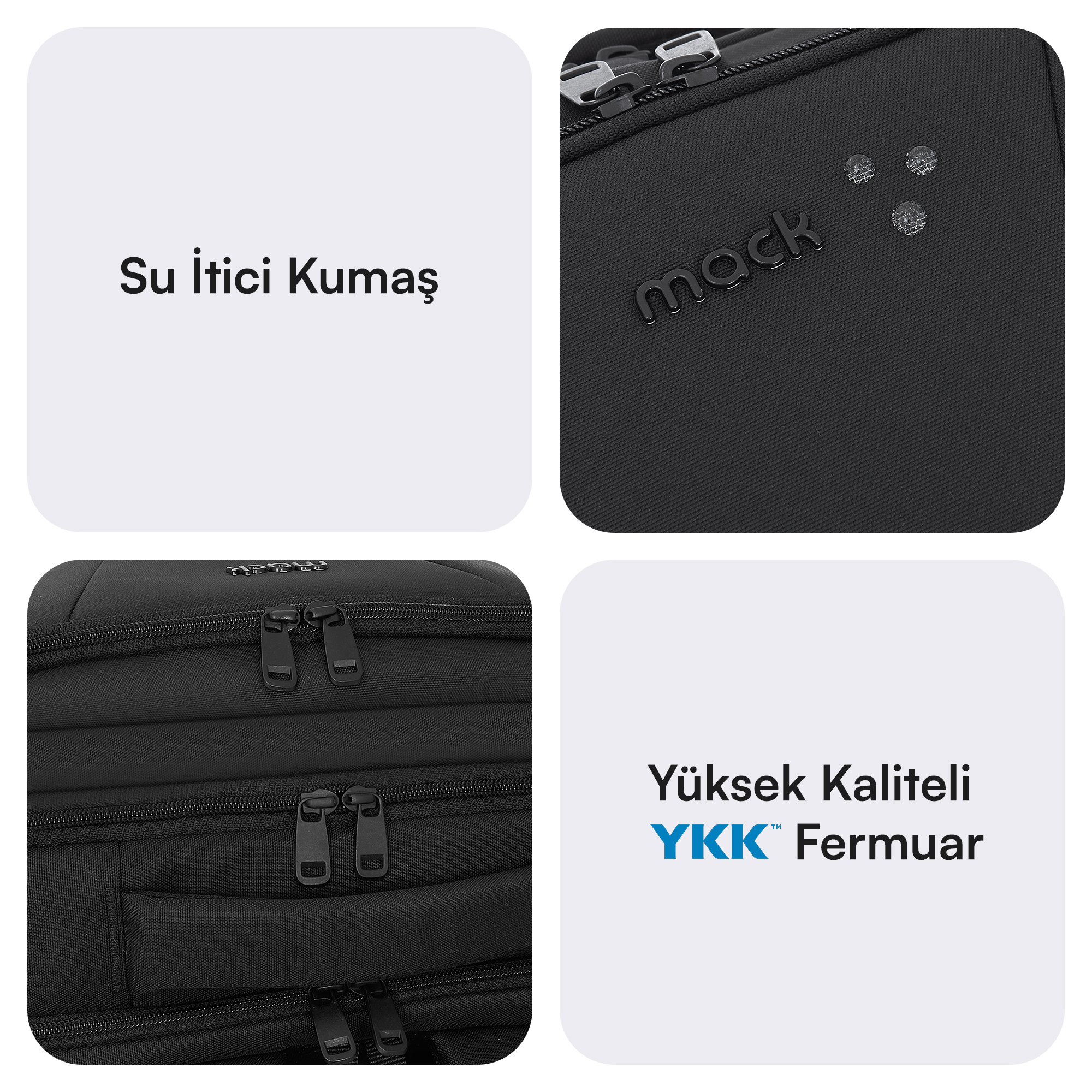 YKK fermuarlı, su itici kumaşlı siyah sırt çantası.