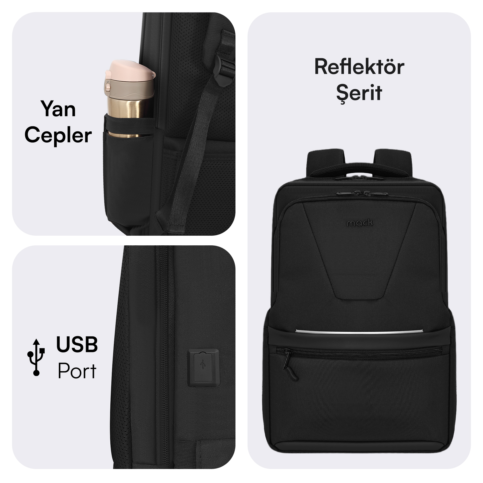 USB bağlantılı, yan cepli ve yansıtıcı şerit detaylı siyah sırt çantası.