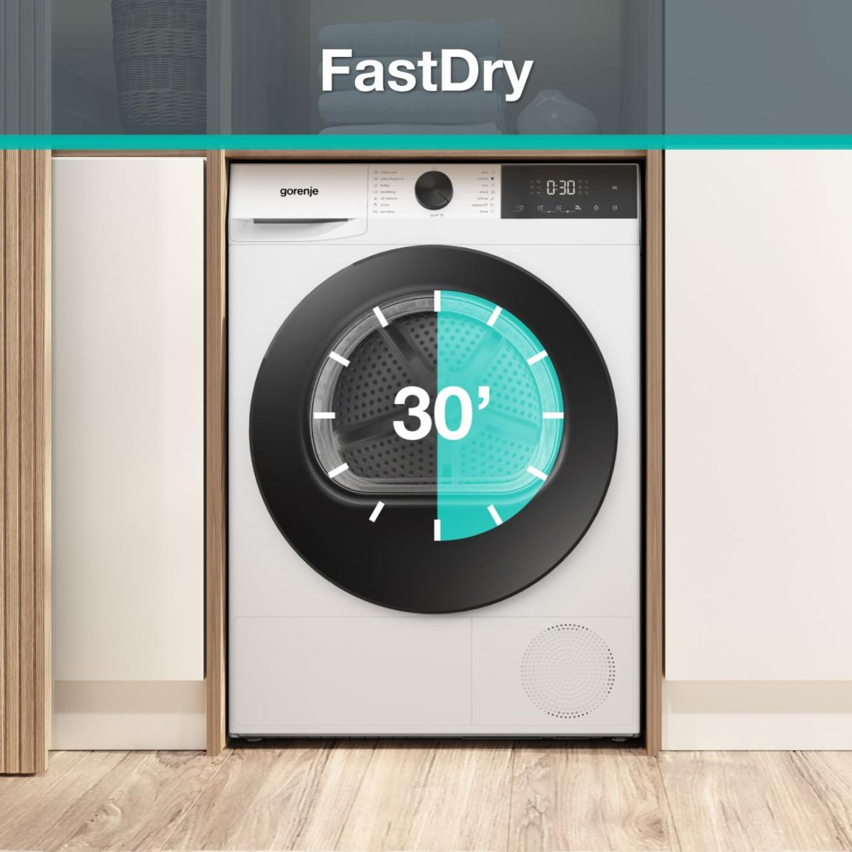 Weiße Gorenje Trocknermaschine mit schwarzer Tür und 30-Minuten-Timer-Anzeige.