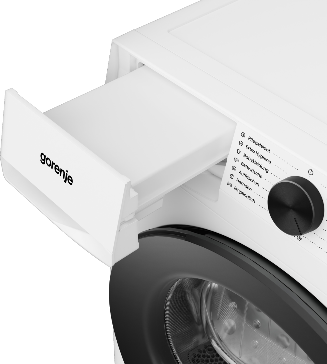 Eine weiße Gorenje Waschmaschine mit herausgezogener Schublade für Waschmittel.