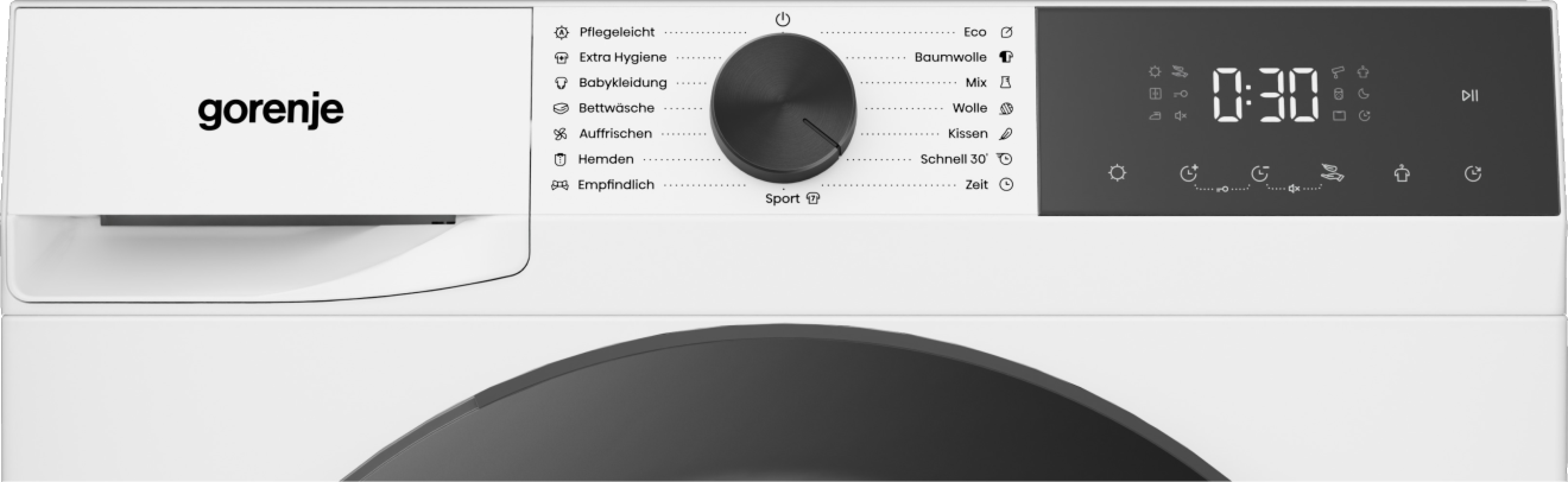 Gorenje Waschmaschine mit digitalem Display, Drehknopf und Programmen.