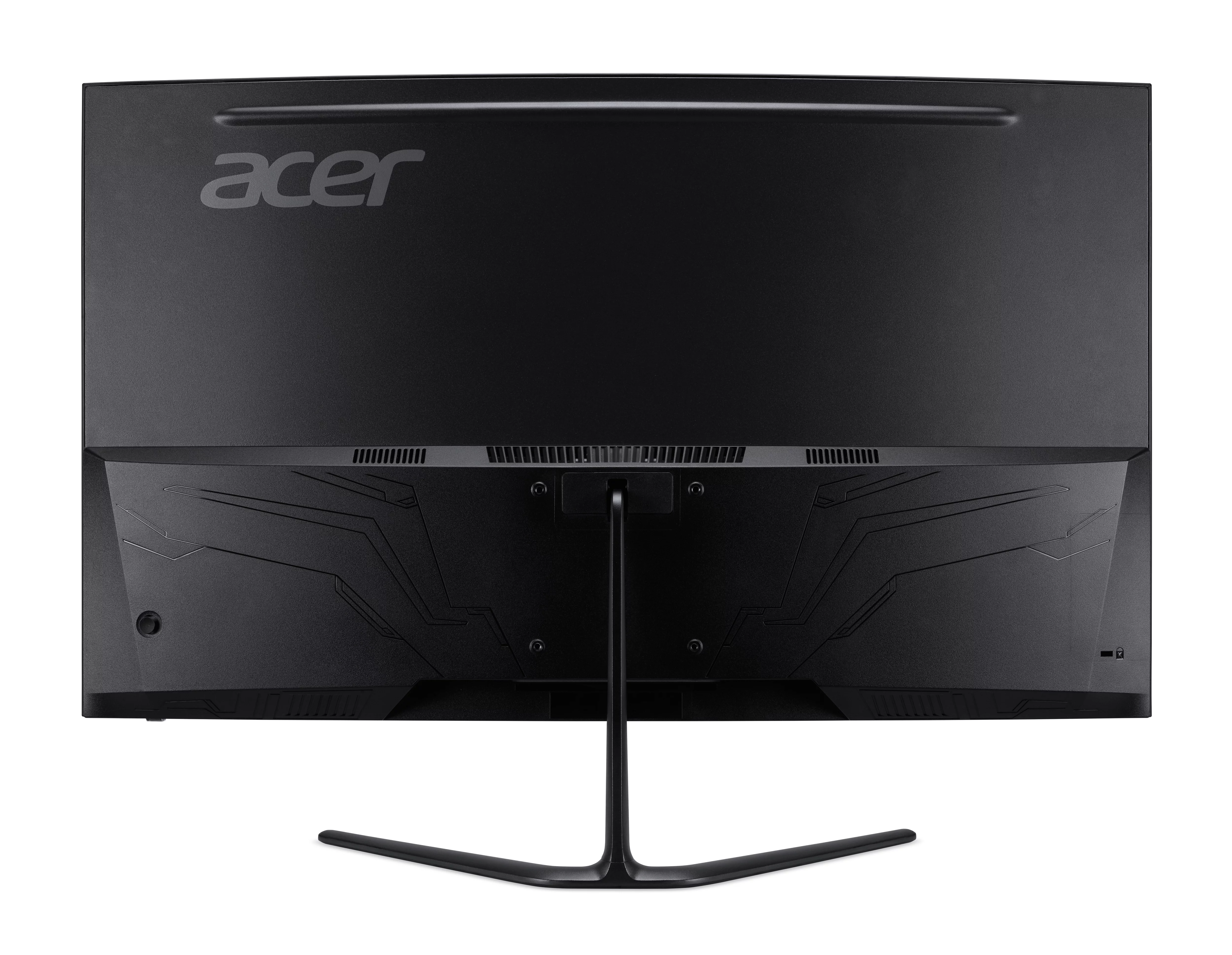 Rückseite eines schwarzen Acer Monitors mit silbernem Logo und Lüftungsschlitzen.
