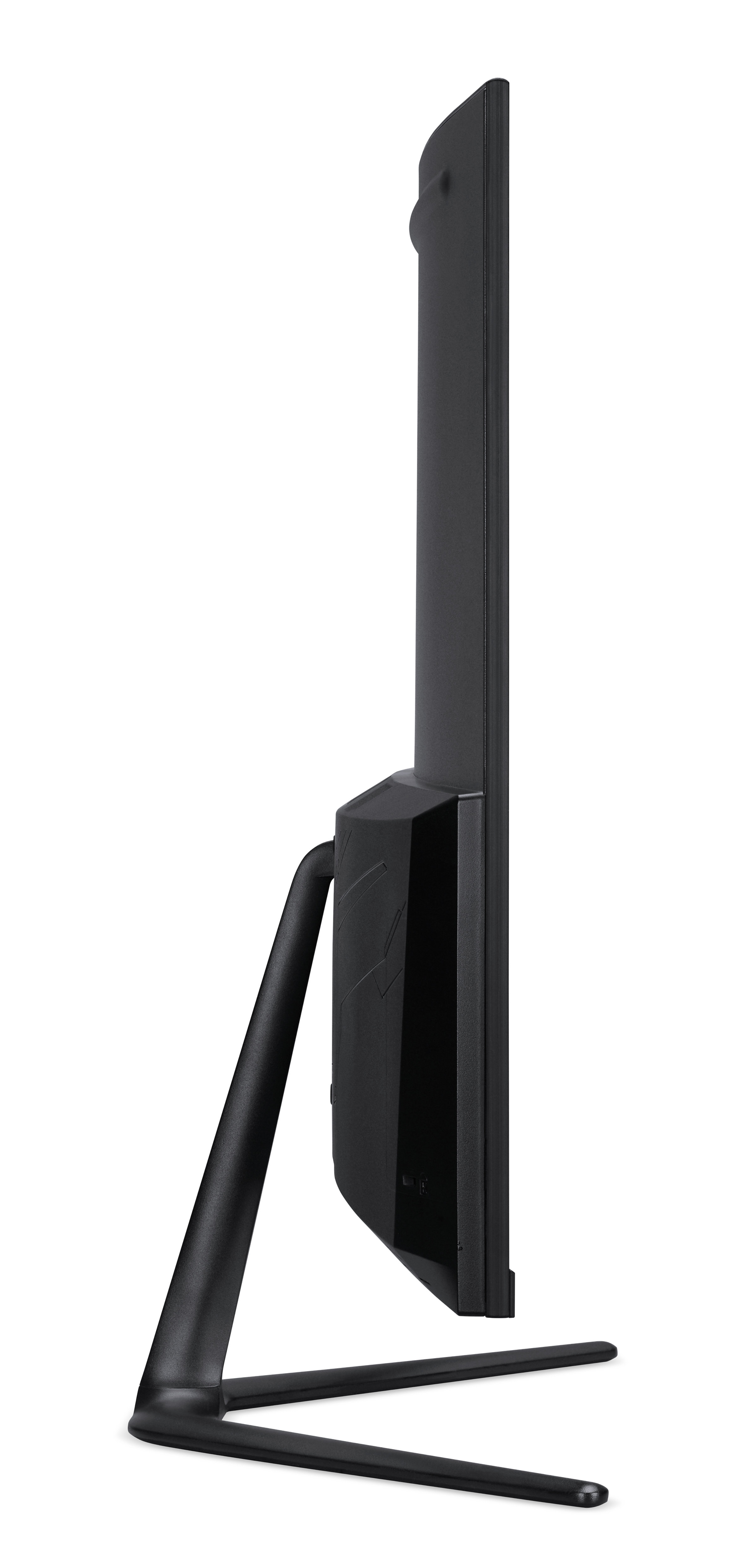 Schwarzer Computermonitor von der Seite mit einem schlanken Standfuß.