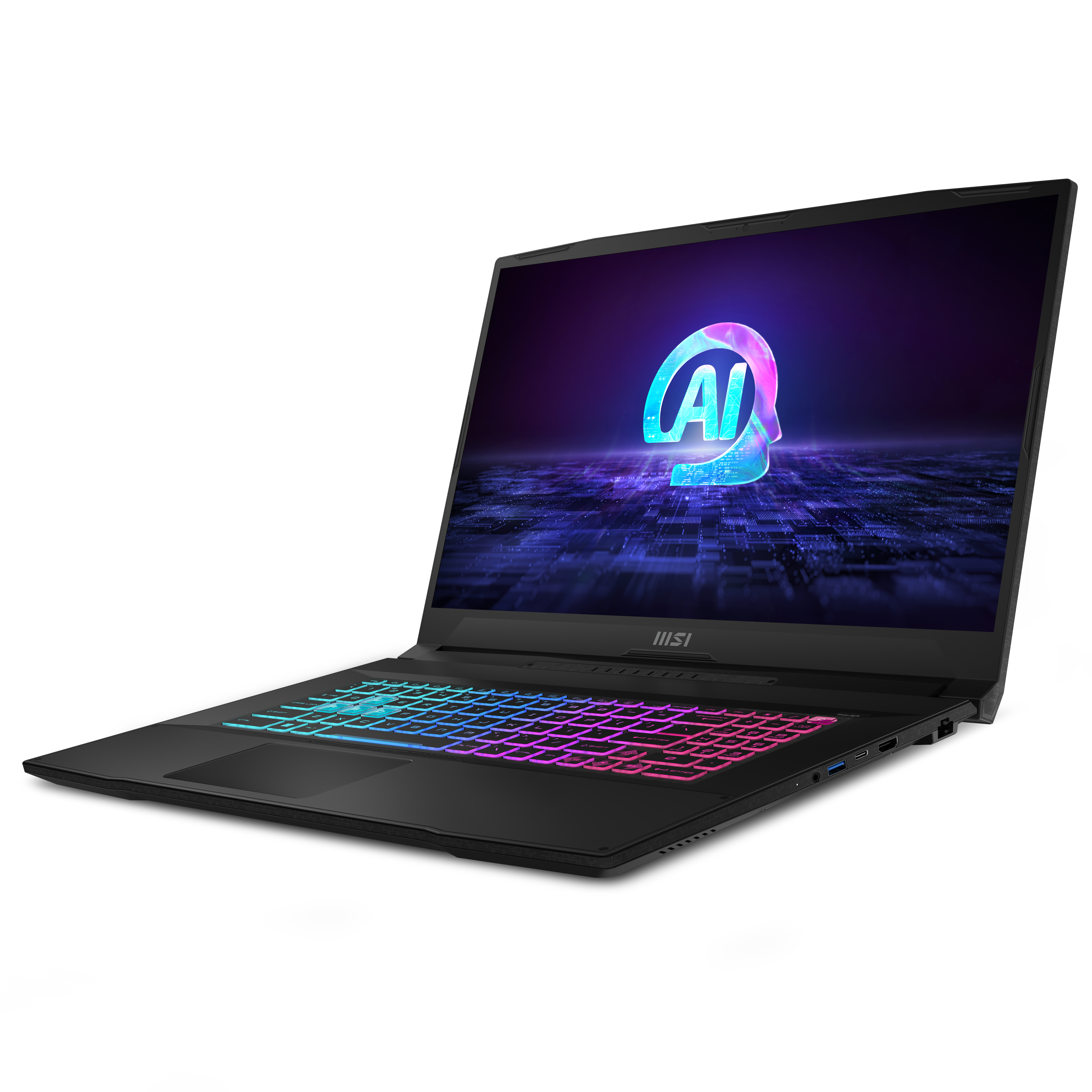 Schwarzer MSI Laptop mit bunter RGB-Tastatur und KI-Logo auf dem Bildschirm.
