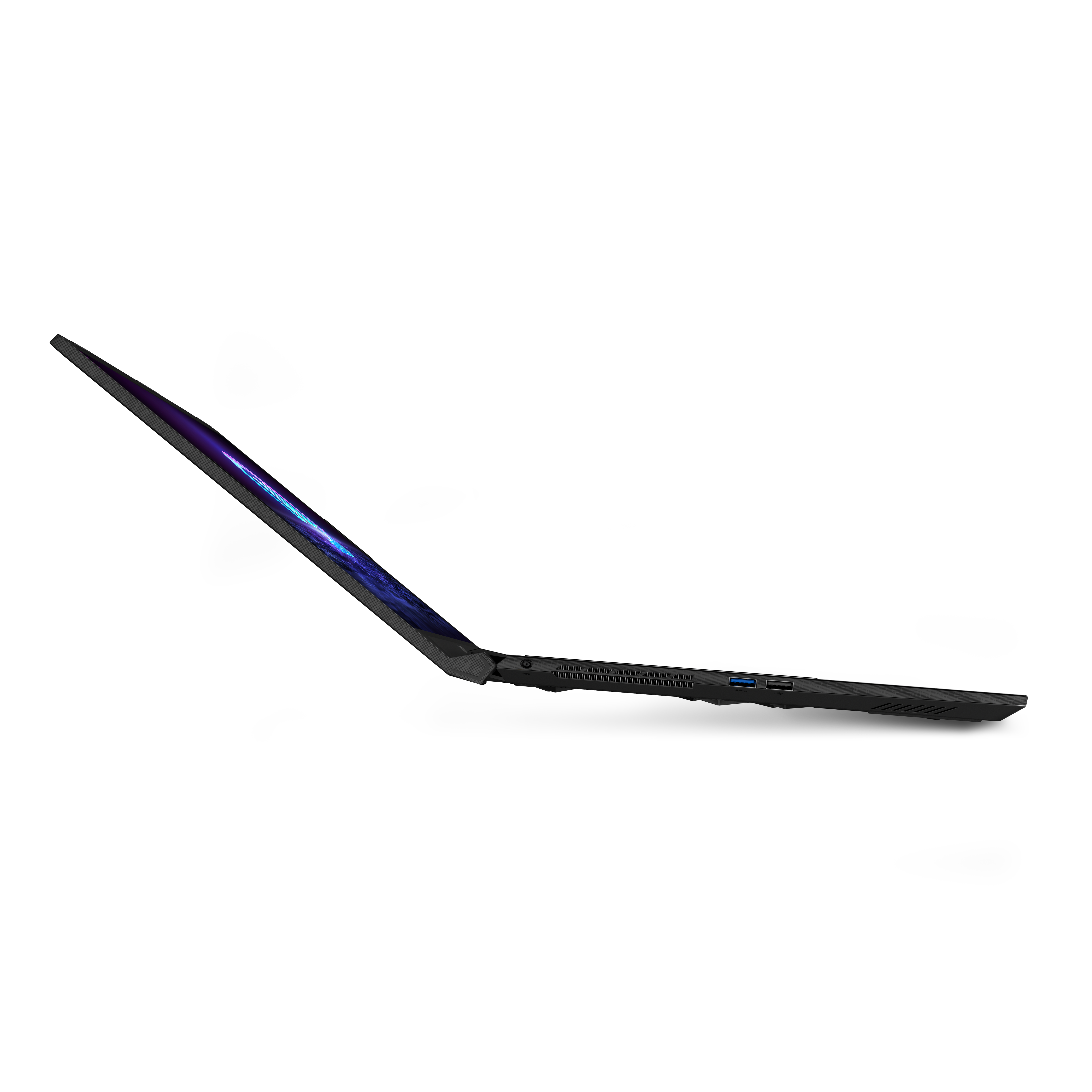 Schwarzer Laptop im Profil mit beleuchtetem Bildschirm und Anschlüssen.
