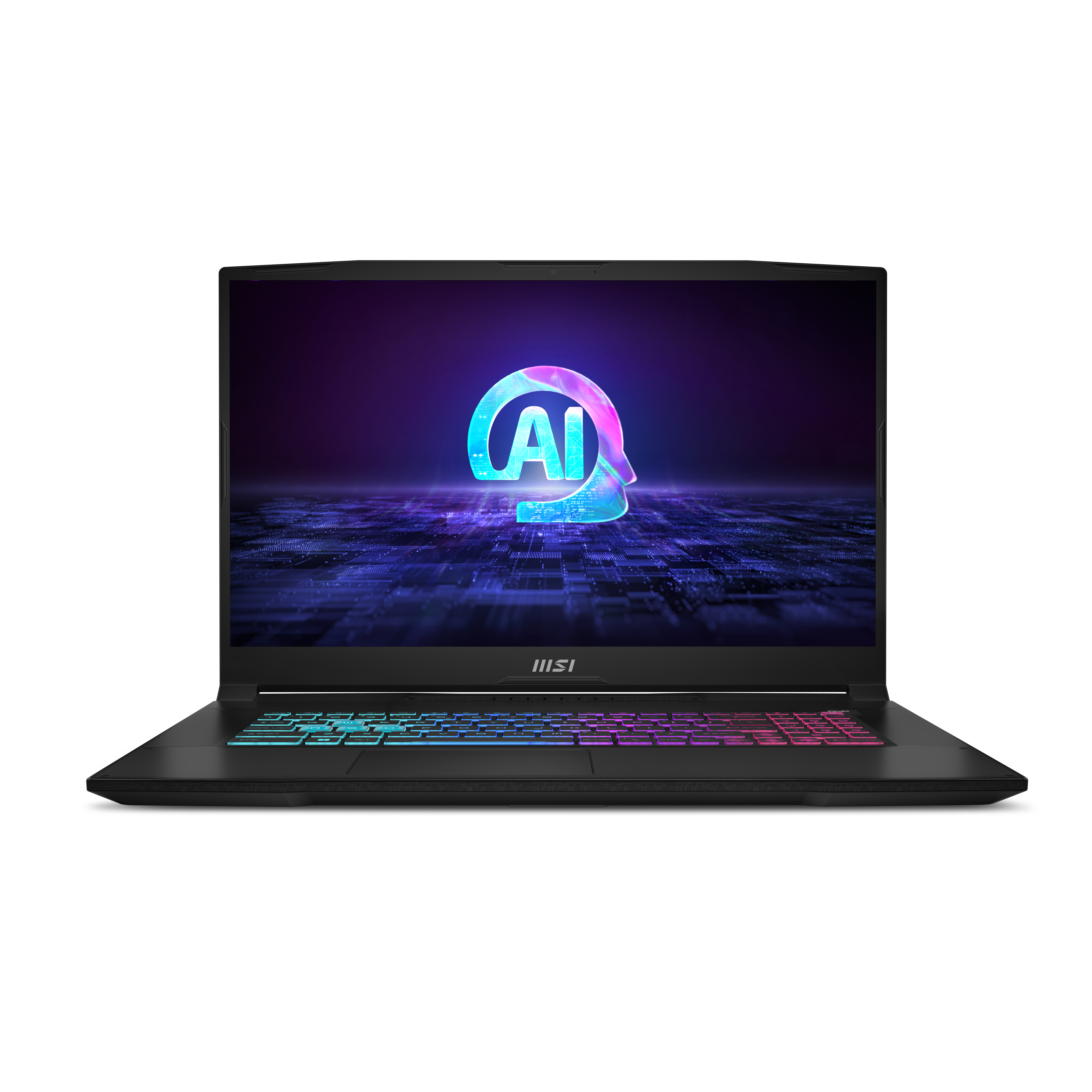 Schwarzer Laptop mit beleuchteter Tastatur und KI-Symbol auf dem Bildschirm.