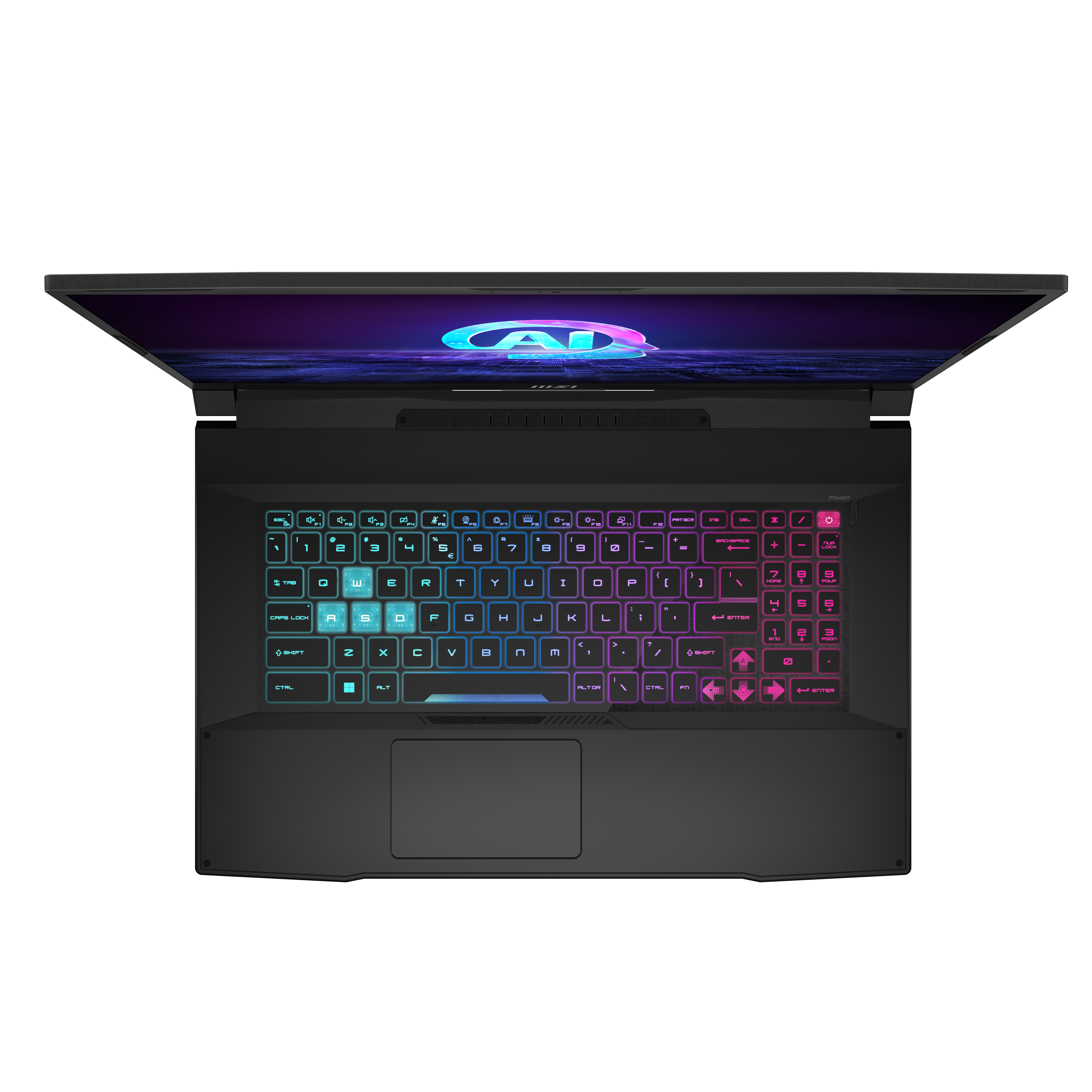 Ein offener schwarzer Laptop mit beleuchteter Tastatur und einem 'CAD'-Logo auf dem Bildschirm.
