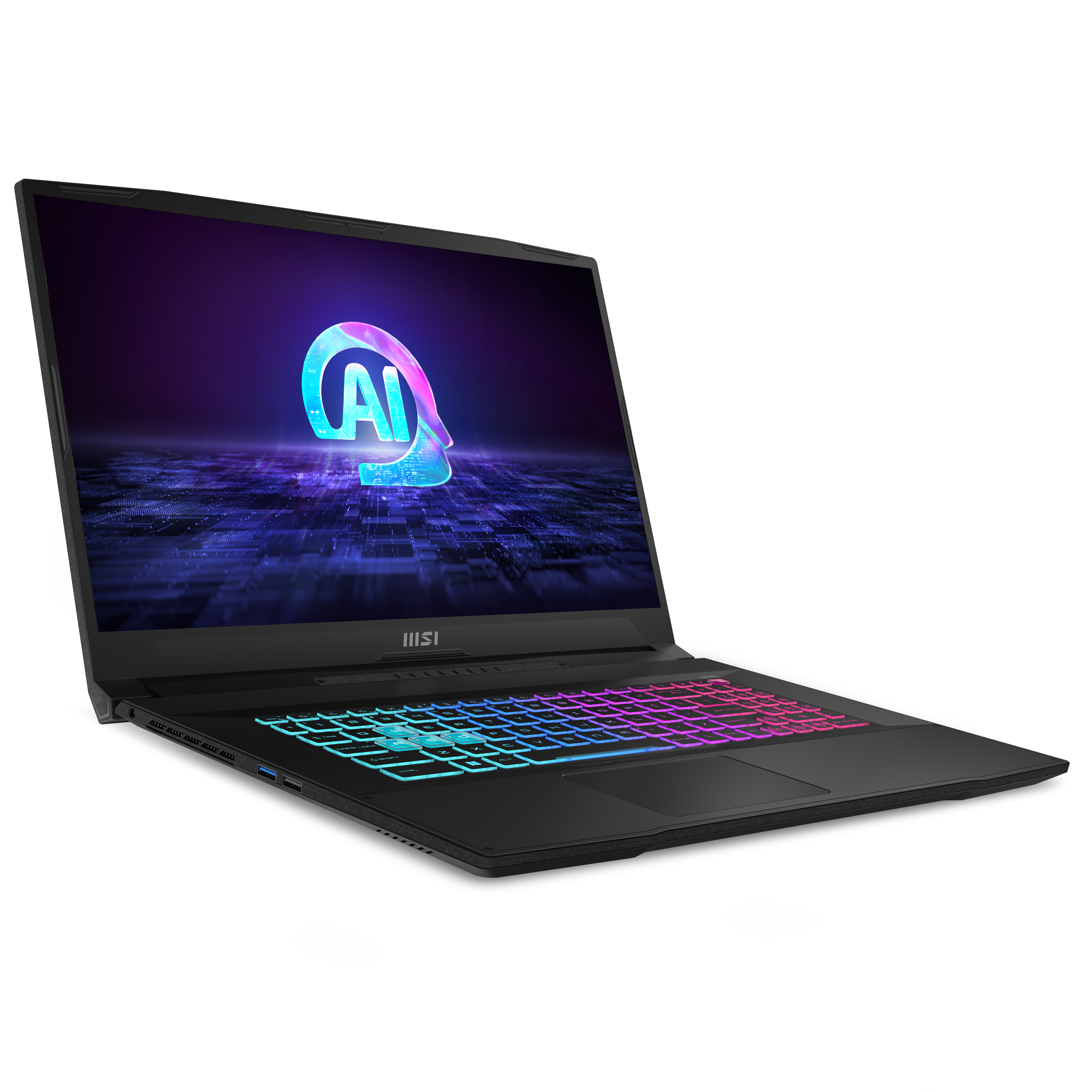 Schwarzer MSI Laptop mit leuchtendem KI-Logo auf dem Bildschirm und RGB-Tastatur.