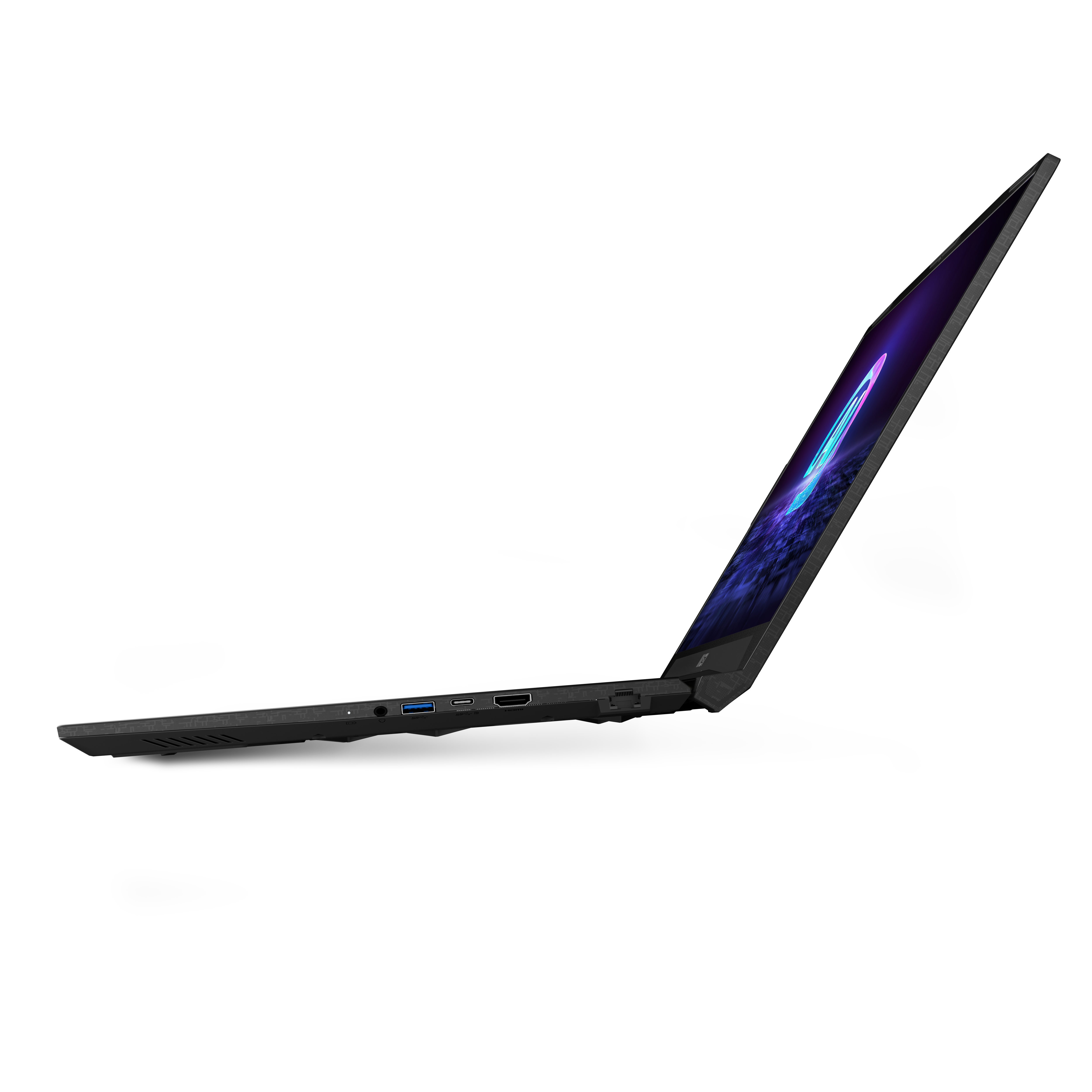 Ein schwarzer Laptop mit beleuchtetem Bildschirm auf weißem Hintergrund.
