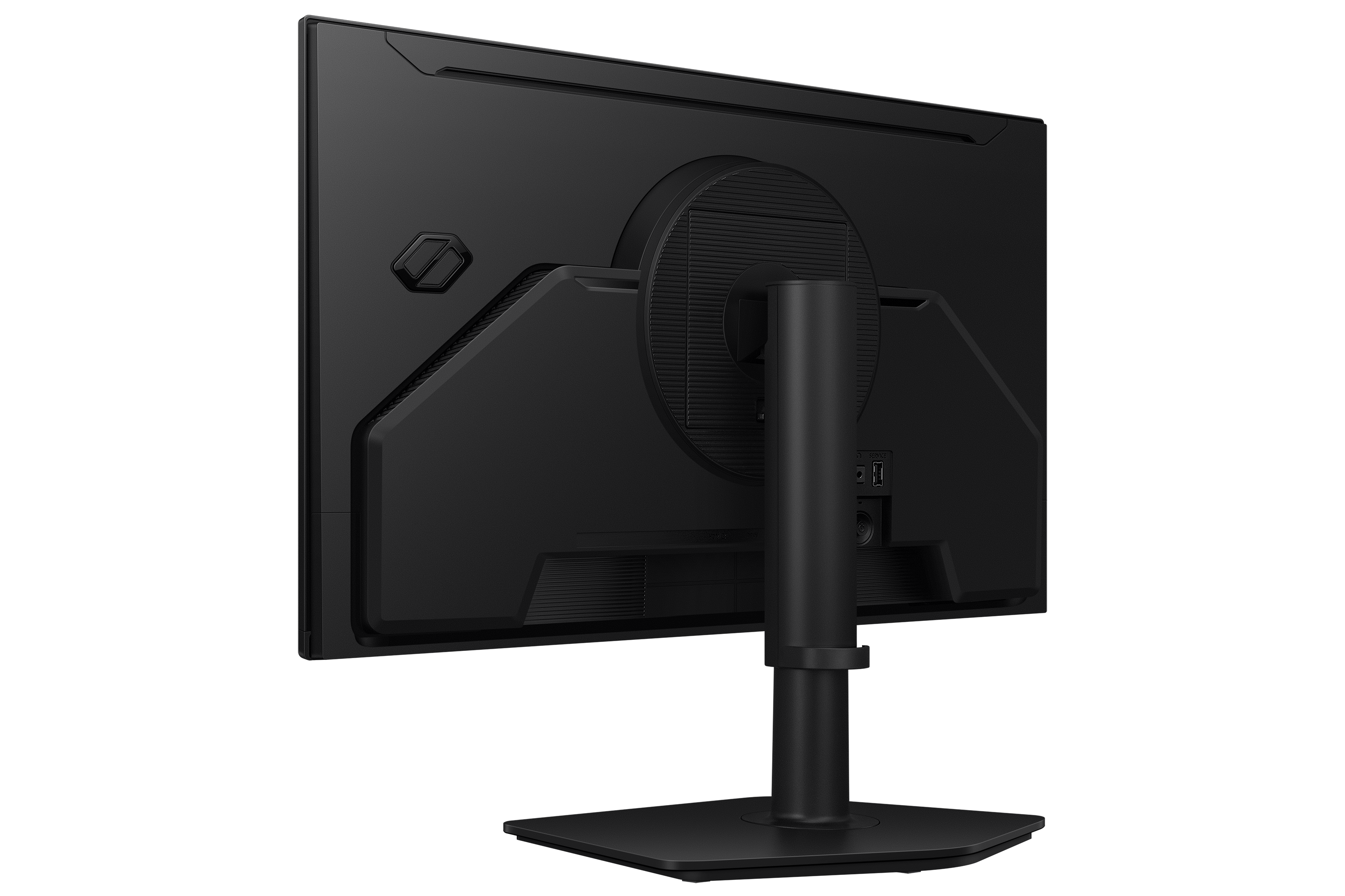 Rückseite eines schwarzen Monitors mit Anschlussbuchsen und einem Standfuß.