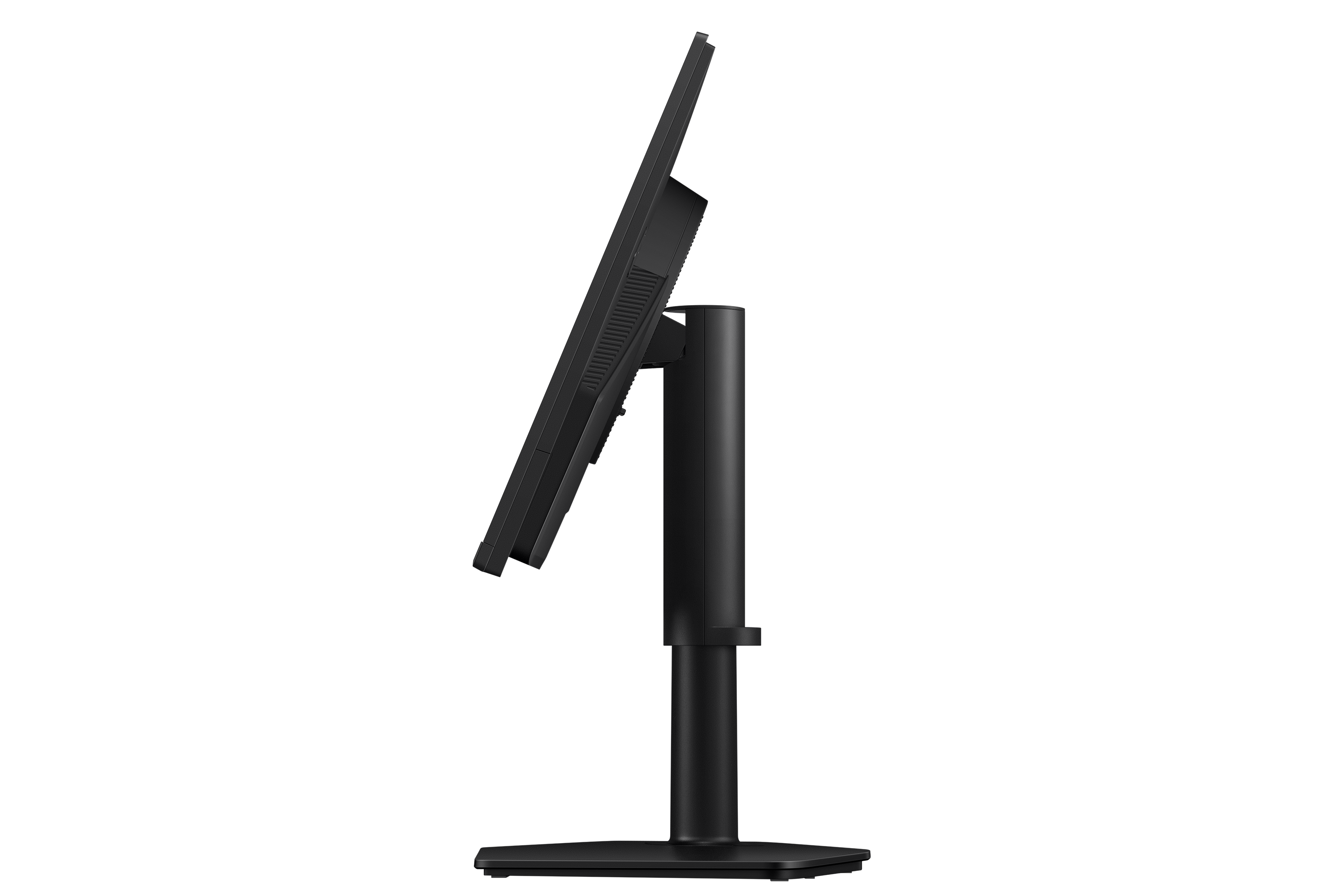 Ein schwarzer Computermonitor mit Ständer im Profil auf schwarzem Hintergrund.