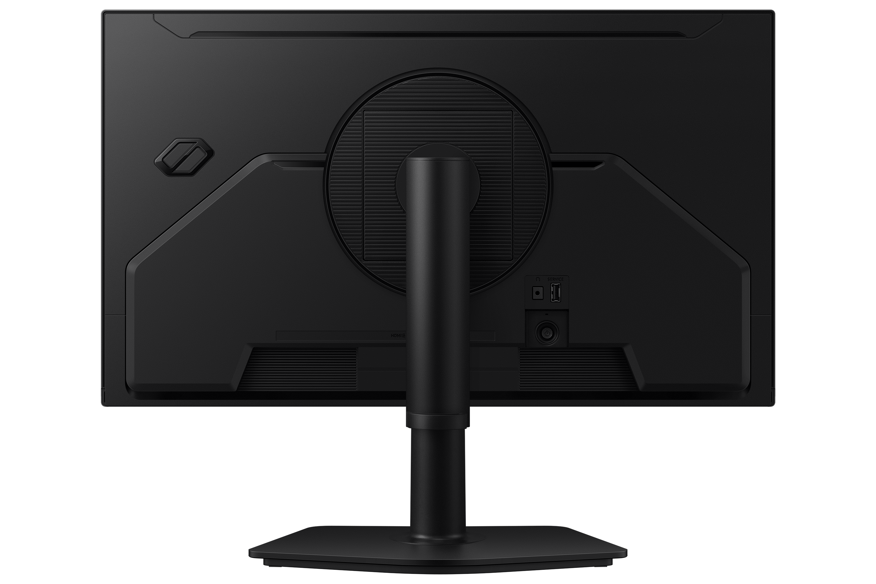 Rückseite eines schwarzen Monitors mit Ständer und Anschlüssen.