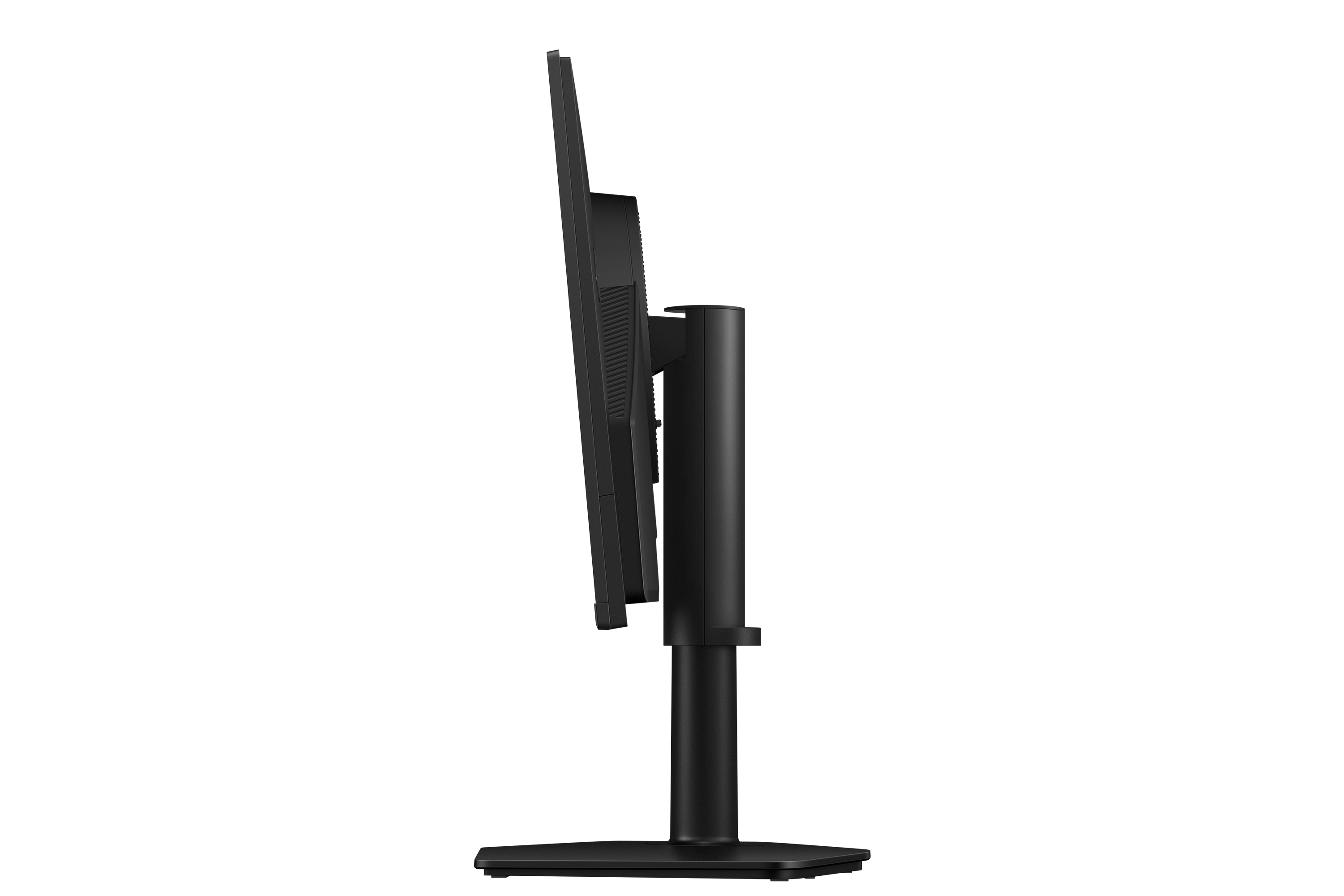 Seitenansicht eines schwarzen Computermonitors auf einem schwarzen Sockel.