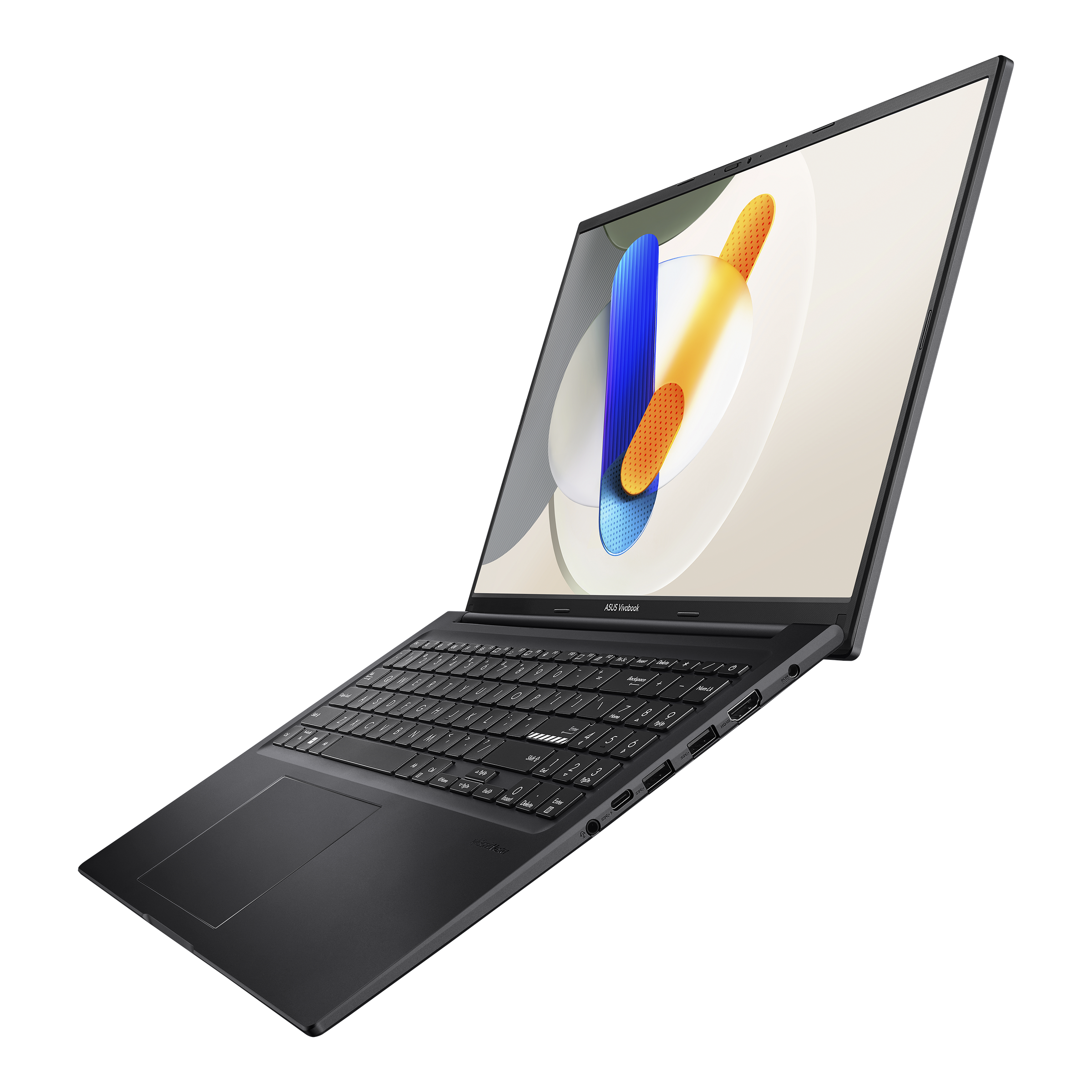 Ein schwarzer Asus Vivobook Laptop ist geöffnet und schräg von vorne gezeigt.
