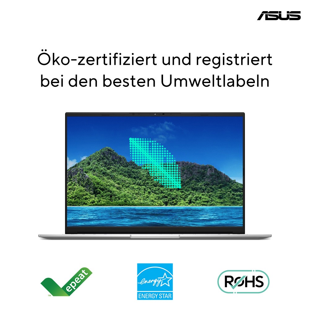Ein ASUS Laptop mit Umweltzertifikaten wie EPEAT, Energy Star und RoHS.