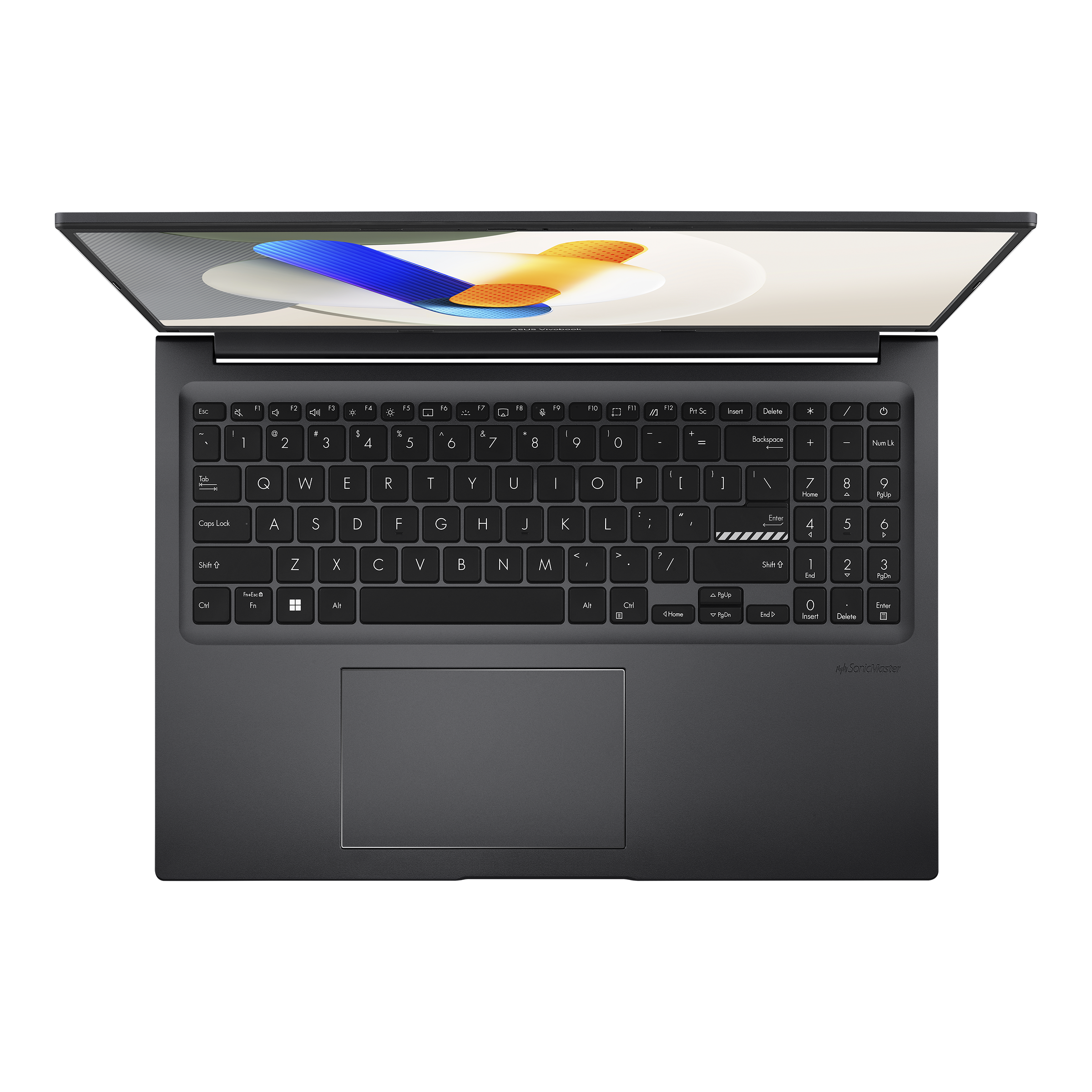 Ein offener, dunkler Laptop mit Tastatur und Touchpad auf schwarzem Hintergrund.