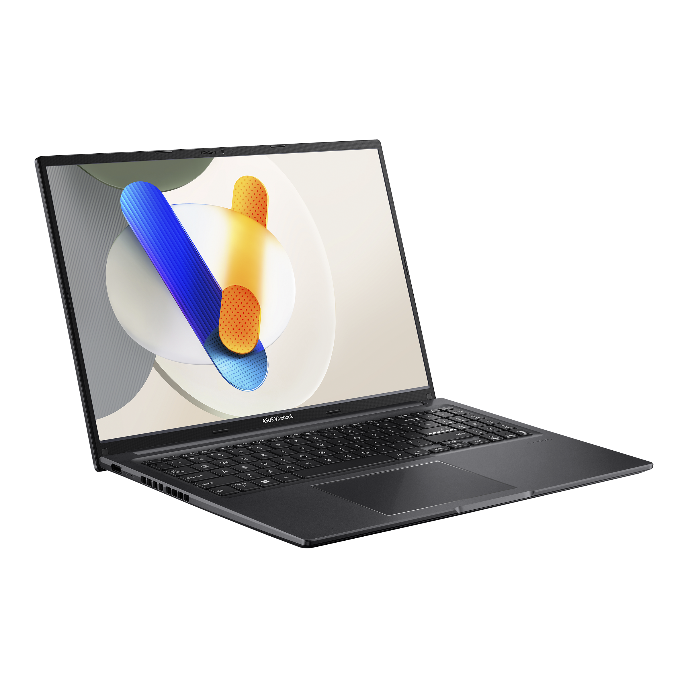 Ein geschlossener grauer ASUS Vivobook Laptop mit abstraktem Hintergrund auf dem Bildschirm.