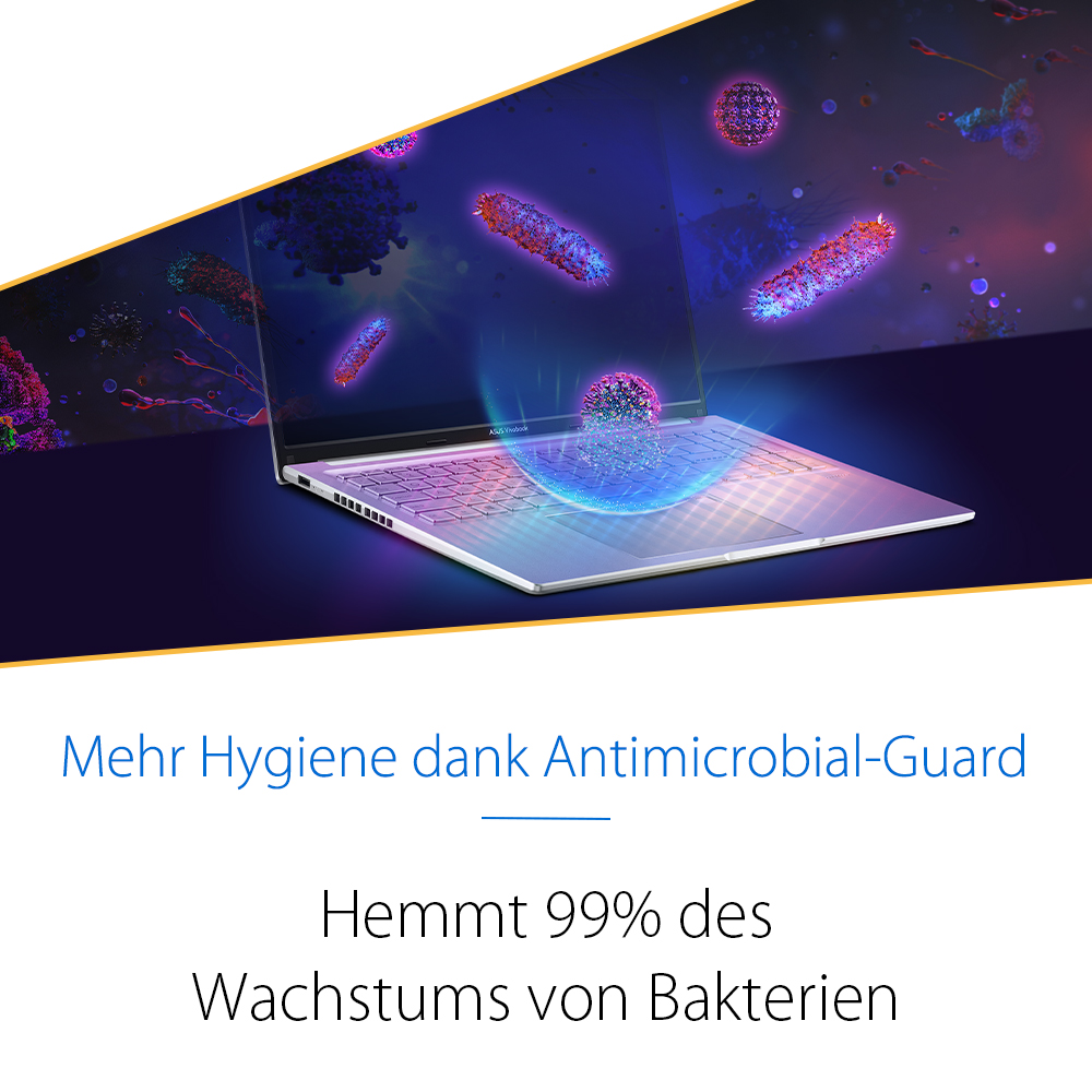 Ein Laptop wird von leuchtenden Bakterien und Viren umgeben, die durch einen Schild geschützt werden.