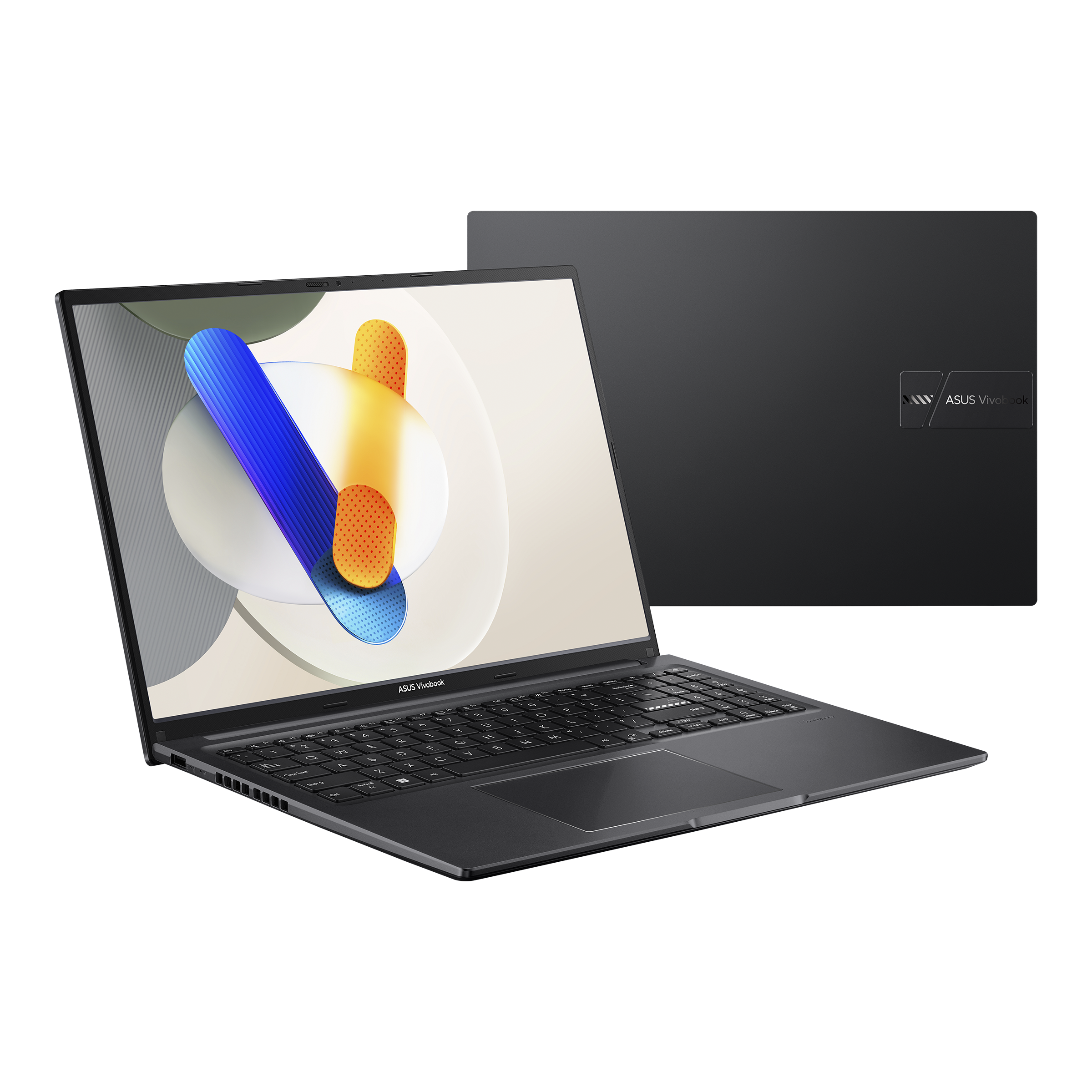 Ein dunkles Asus Vivobook Laptop mit beleuchteter Tastatur und modernem Hintergrund.