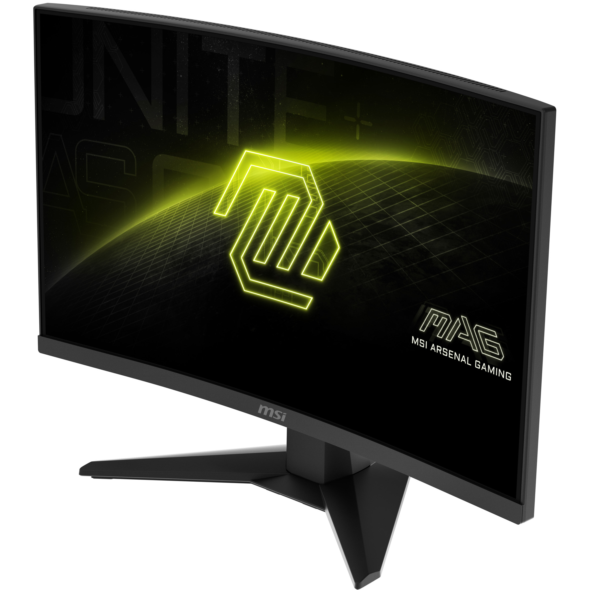 Ein gekrümmter MSI Gaming-Monitor mit einem leuchtend gelben Logo auf schwarzem Hintergrund.