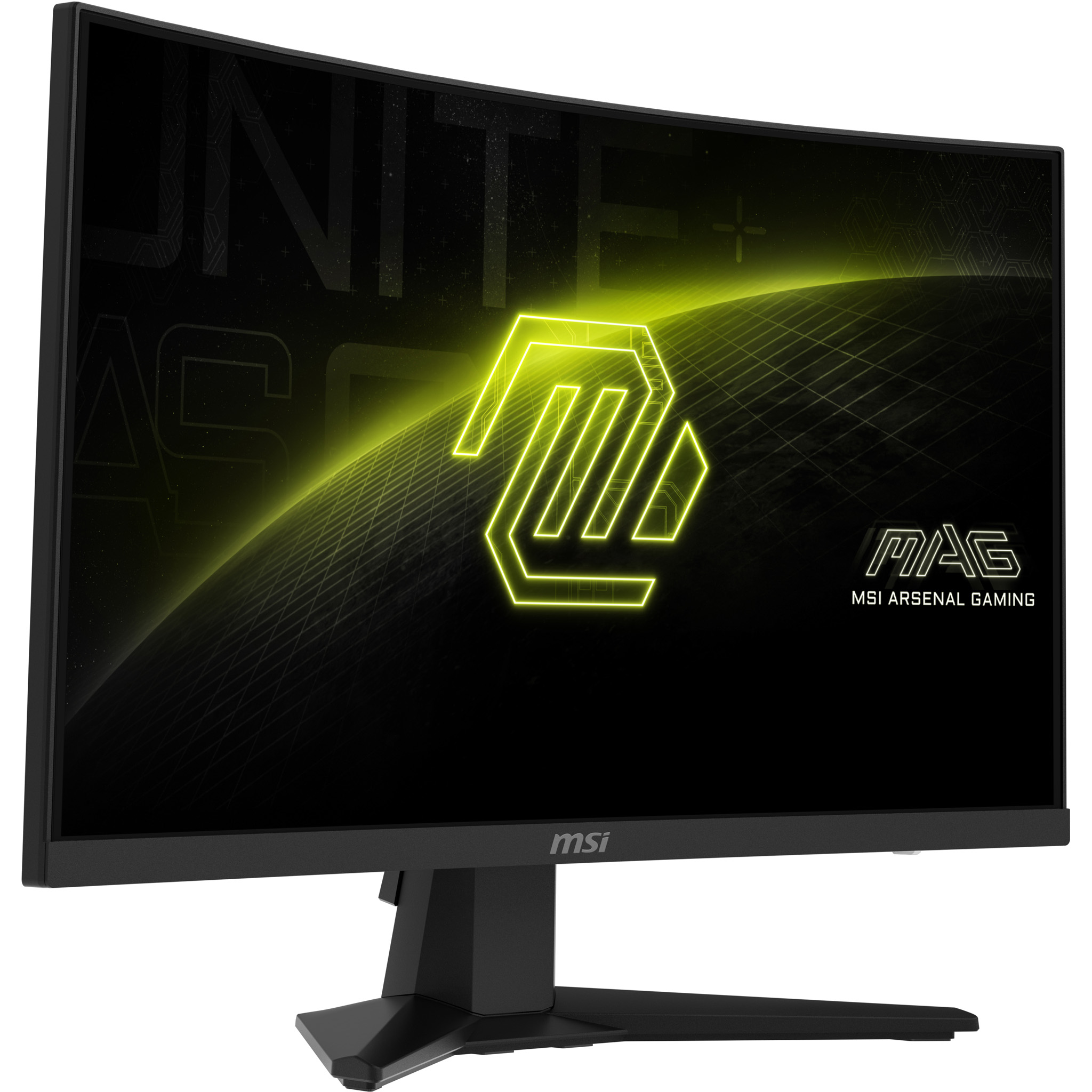Ein gekrümmter MSI Gaming-Monitor mit einem leuchtend gelben Logo auf schwarzem Hintergrund.