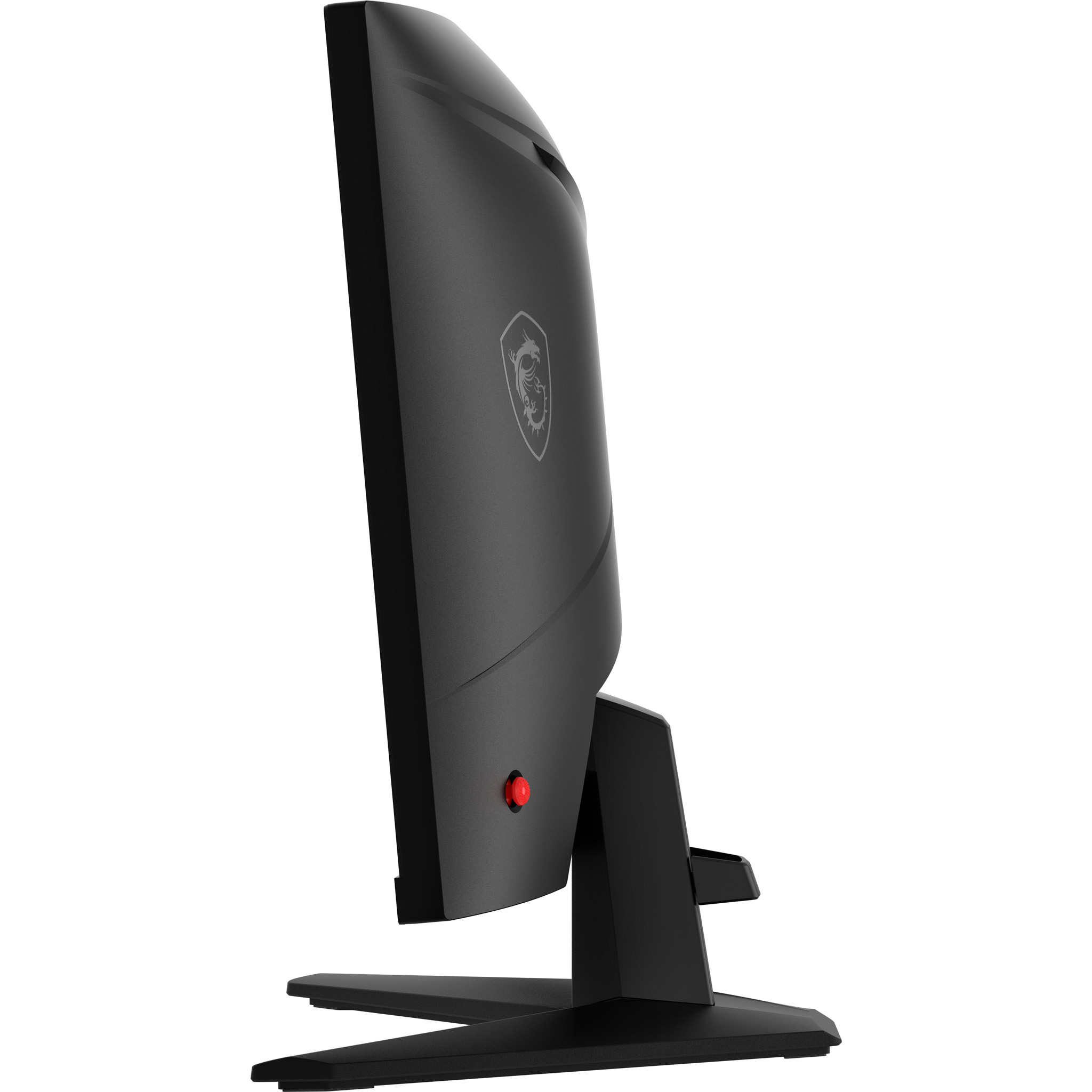 Schwarzer Computermonitor mit MSI-Logo, rote Taste und schwarzem Ständer.